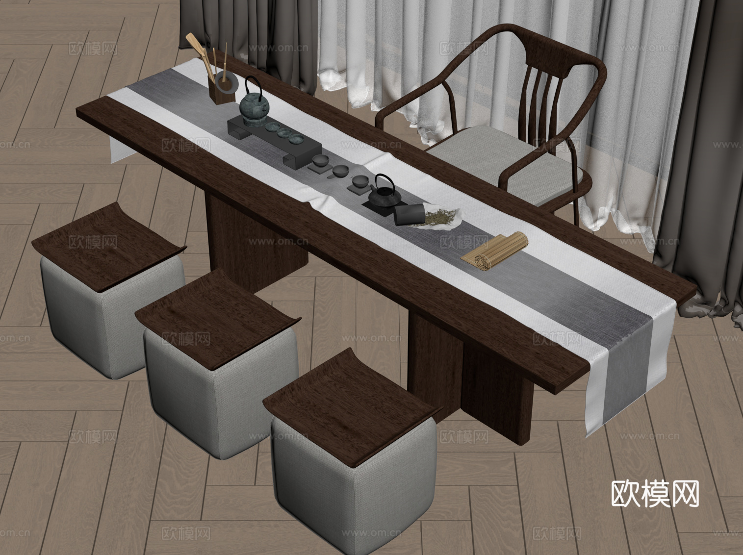 新中式茶桌椅su模型