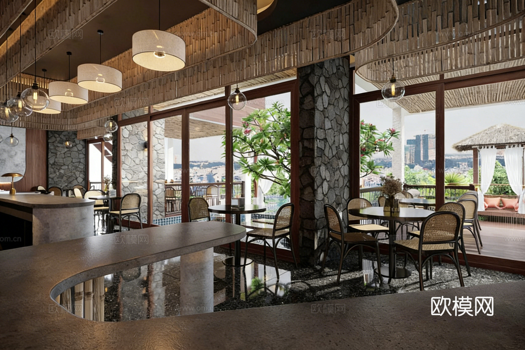 现代工业风咖啡馆 清吧 弧形吧台 餐厅 工业风餐饮空间3d模型