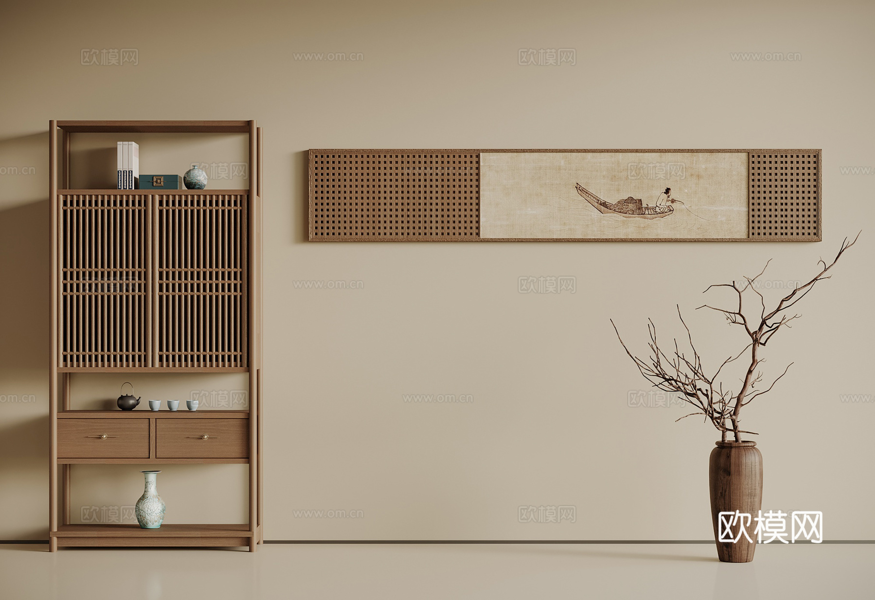 新中式博古架 装饰画 绿植摆件 干枝盆景su模型