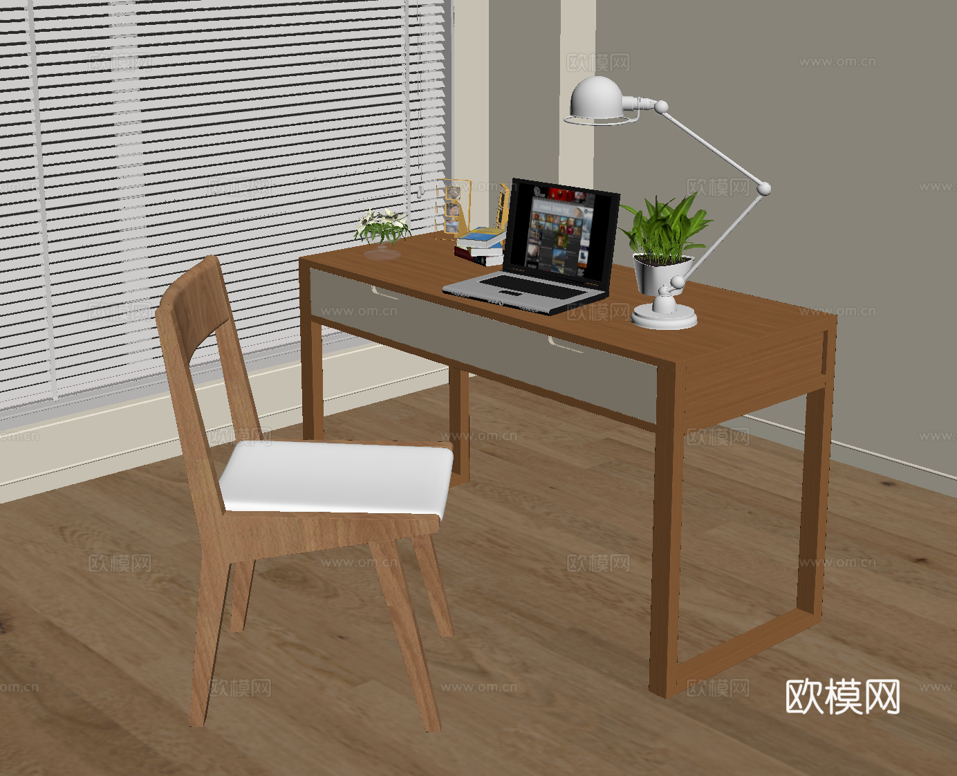 现代原木风书桌椅 奶油风书桌椅su模型