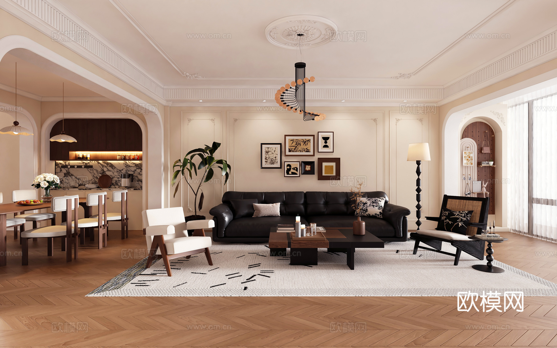 法式中古风客餐厅 法式客餐厅 沙发茶几 中古风餐桌椅 中古风3d模型下载