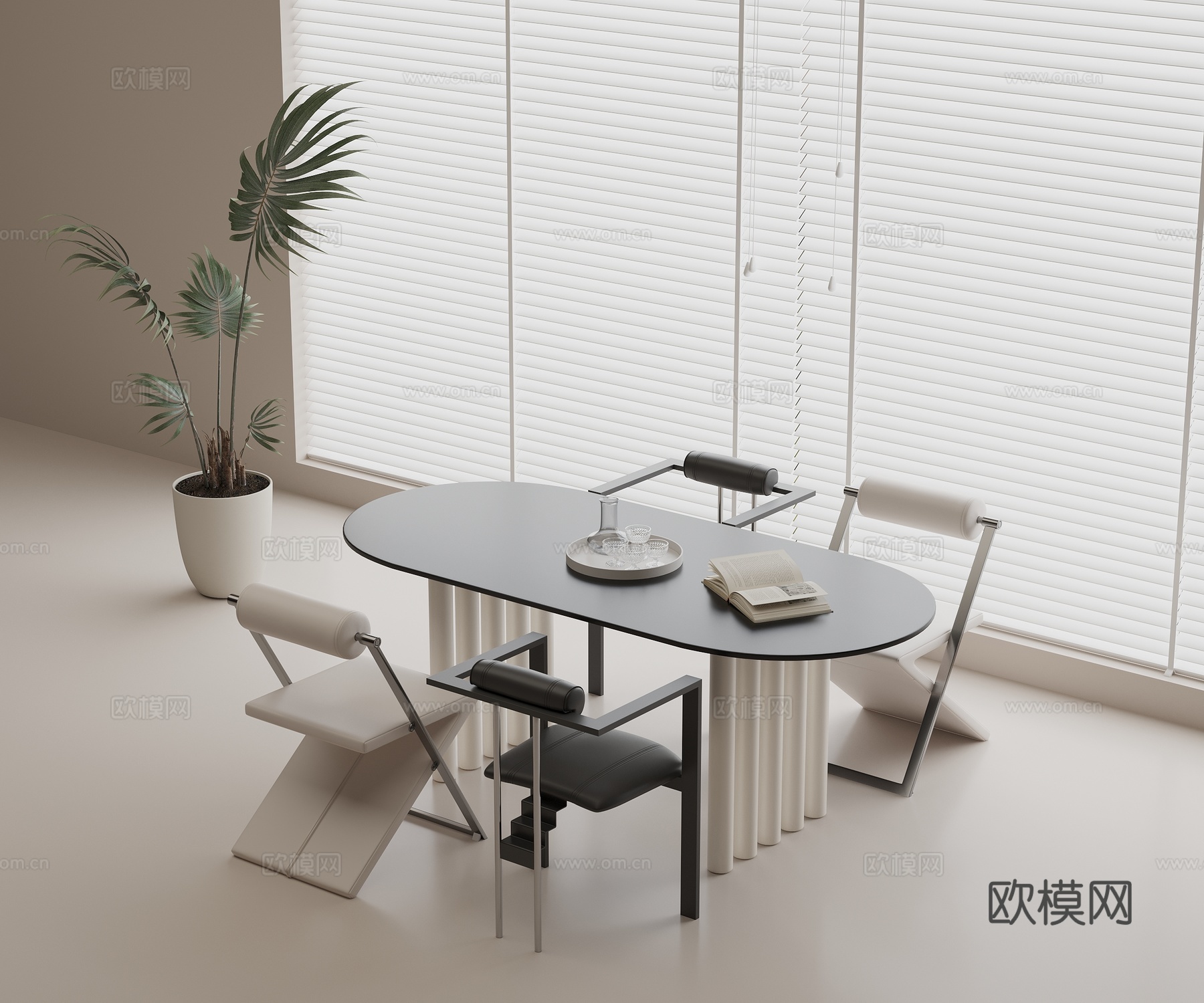 现代餐桌椅组合 椭圆形餐桌 皮质餐椅 休闲餐椅 水壶水杯su模型