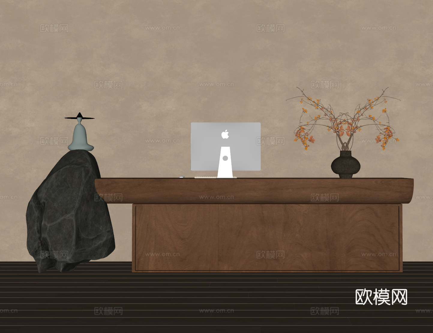 中古风前台 中古风 前台 接待 侘寂前台 收银台 花瓶花艺su模型