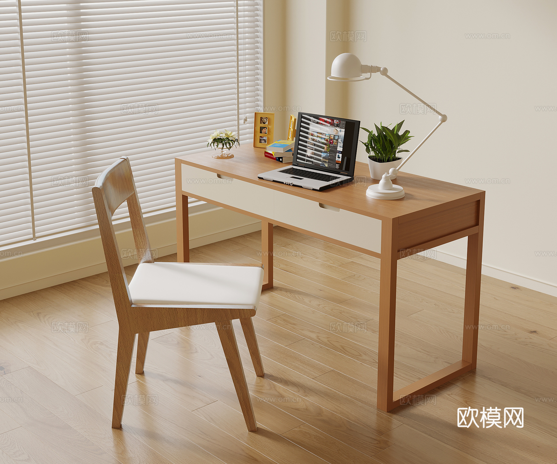 现代原木风书桌椅 奶油风书桌椅su模型
