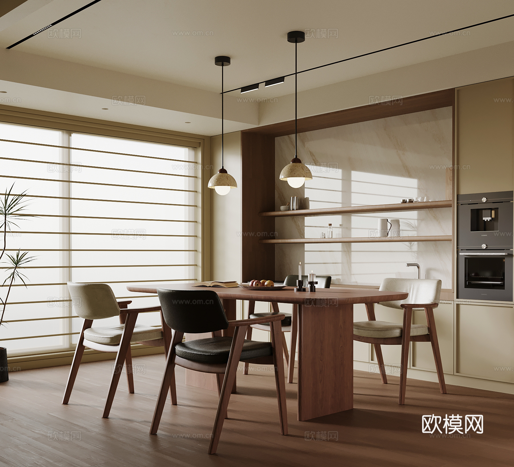 中古风餐厅 餐边柜 餐桌椅su模型