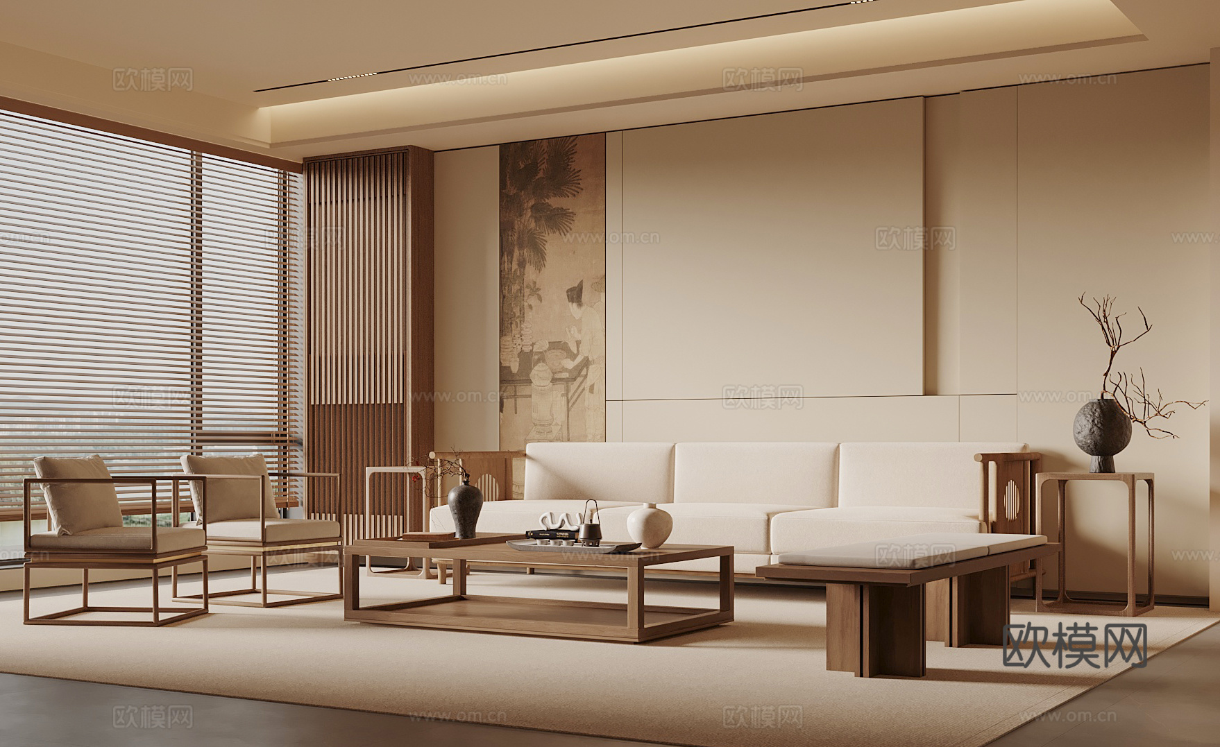 宋式美学客厅 沙发背景 装饰屏风 沙发茶几组合su模型