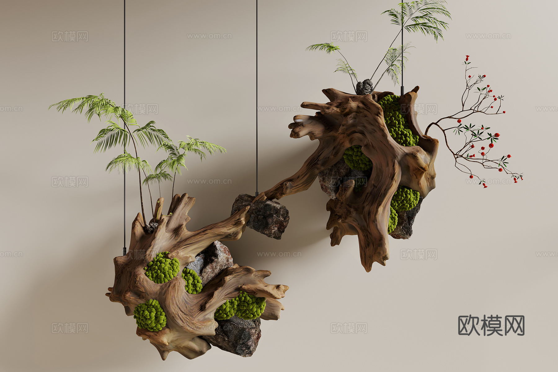 枯木绿植摆件 枯木 艺术装置 枯木绿植 绿植挂件 墙饰su模型下载（渲染图1）