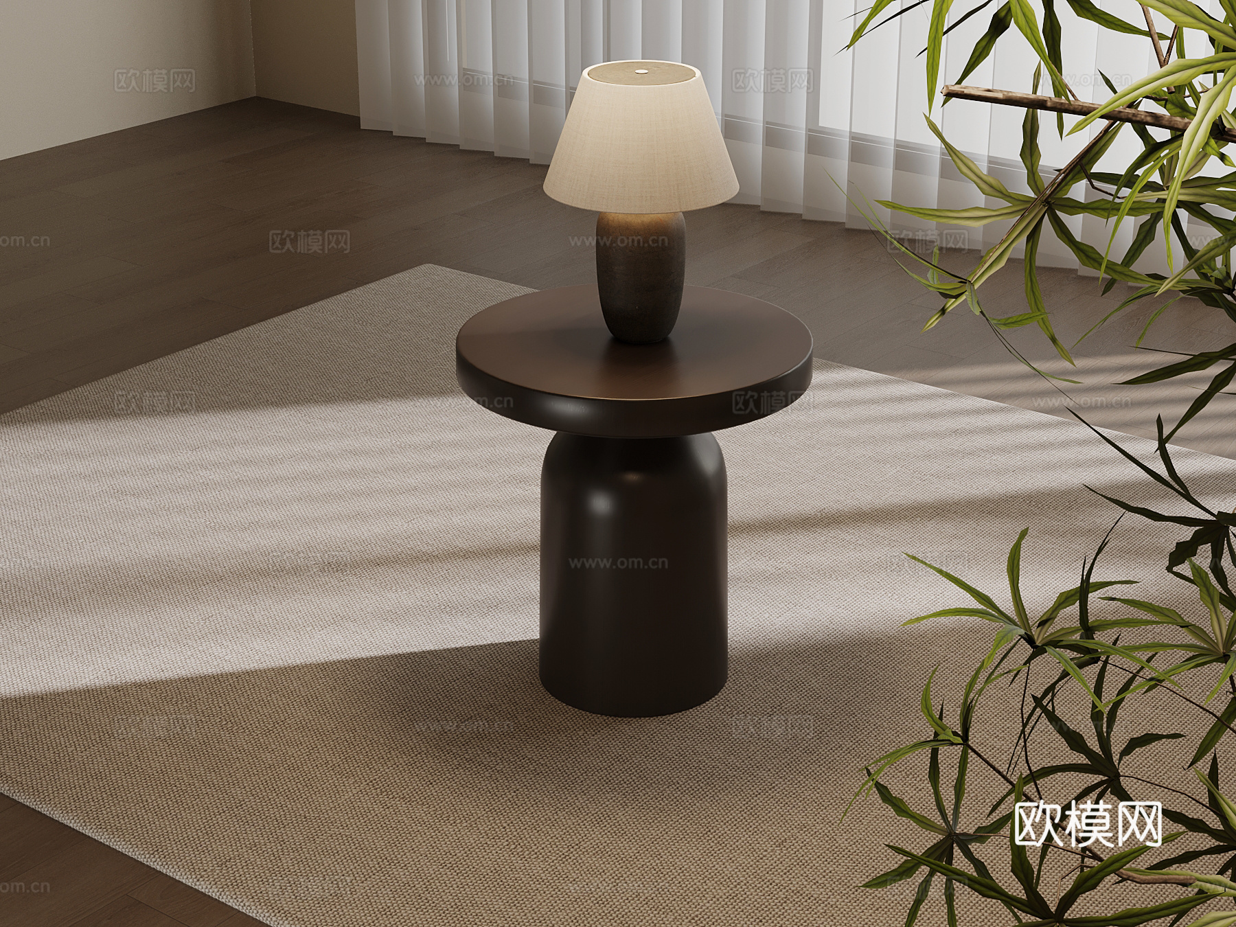 新中式边几 实木圆几su模型