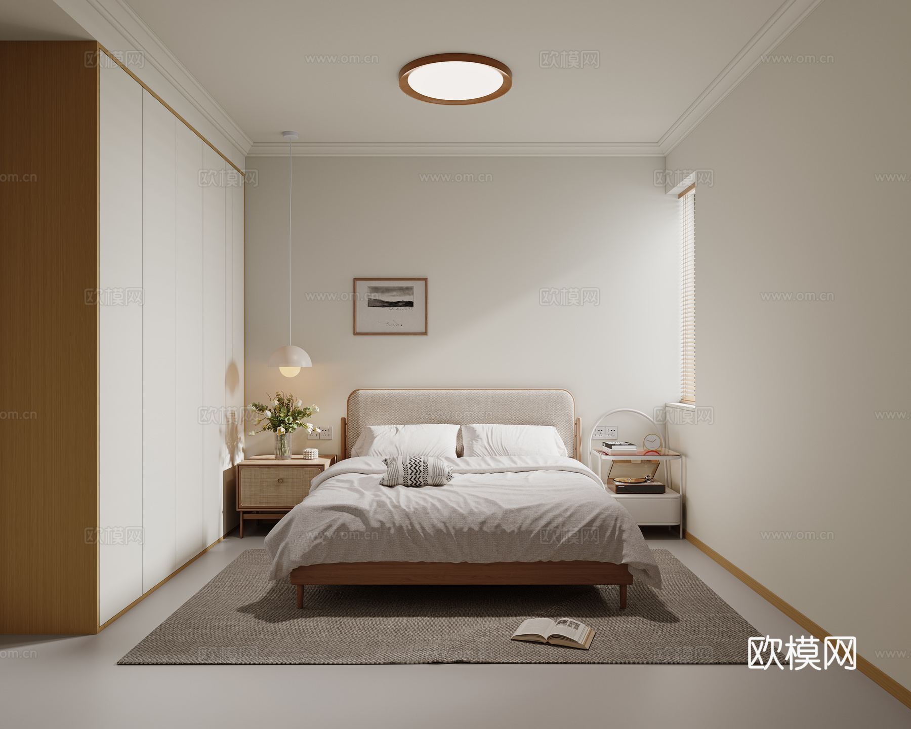 原木风卧室 现代卧室 长辈房 老人房 布艺双人床 实木双人床su模型