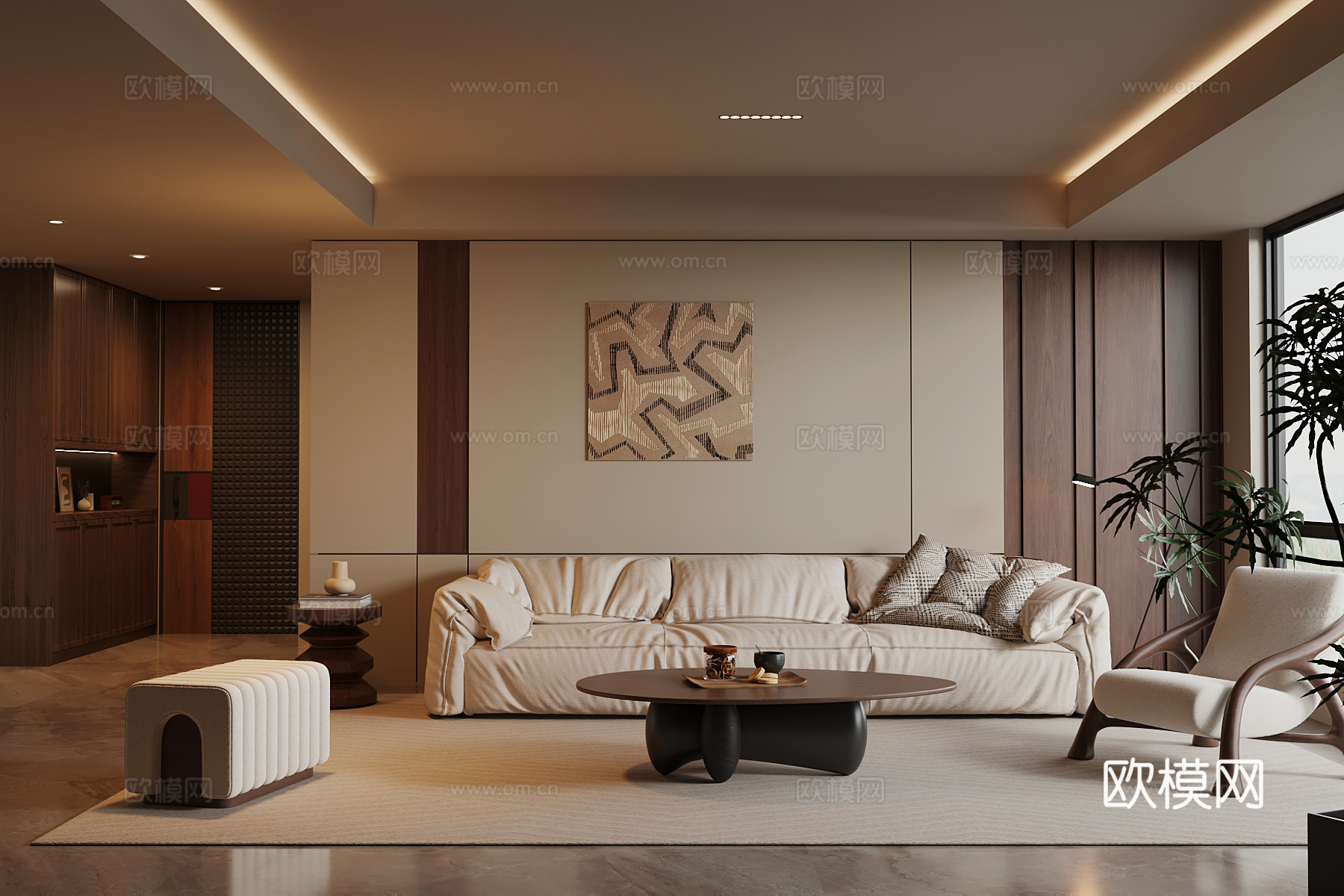 中古风客厅 沙发茶几组合 背景墙su模型