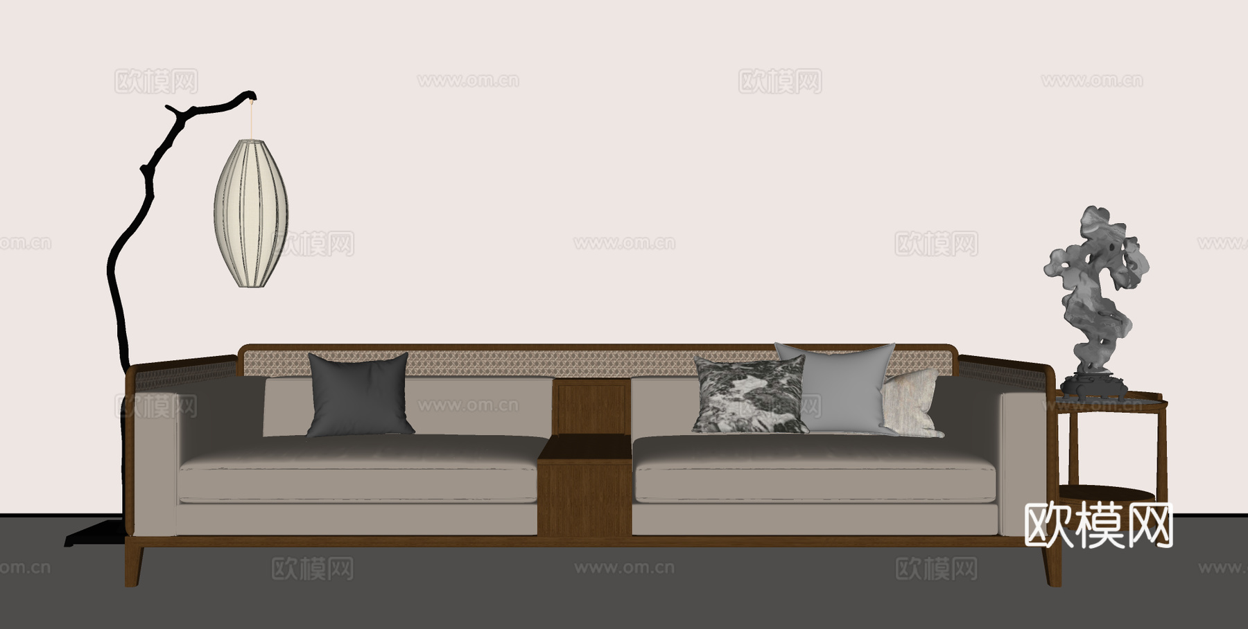 宋式三人沙发 多人沙发 边几 屏风背景=su模型