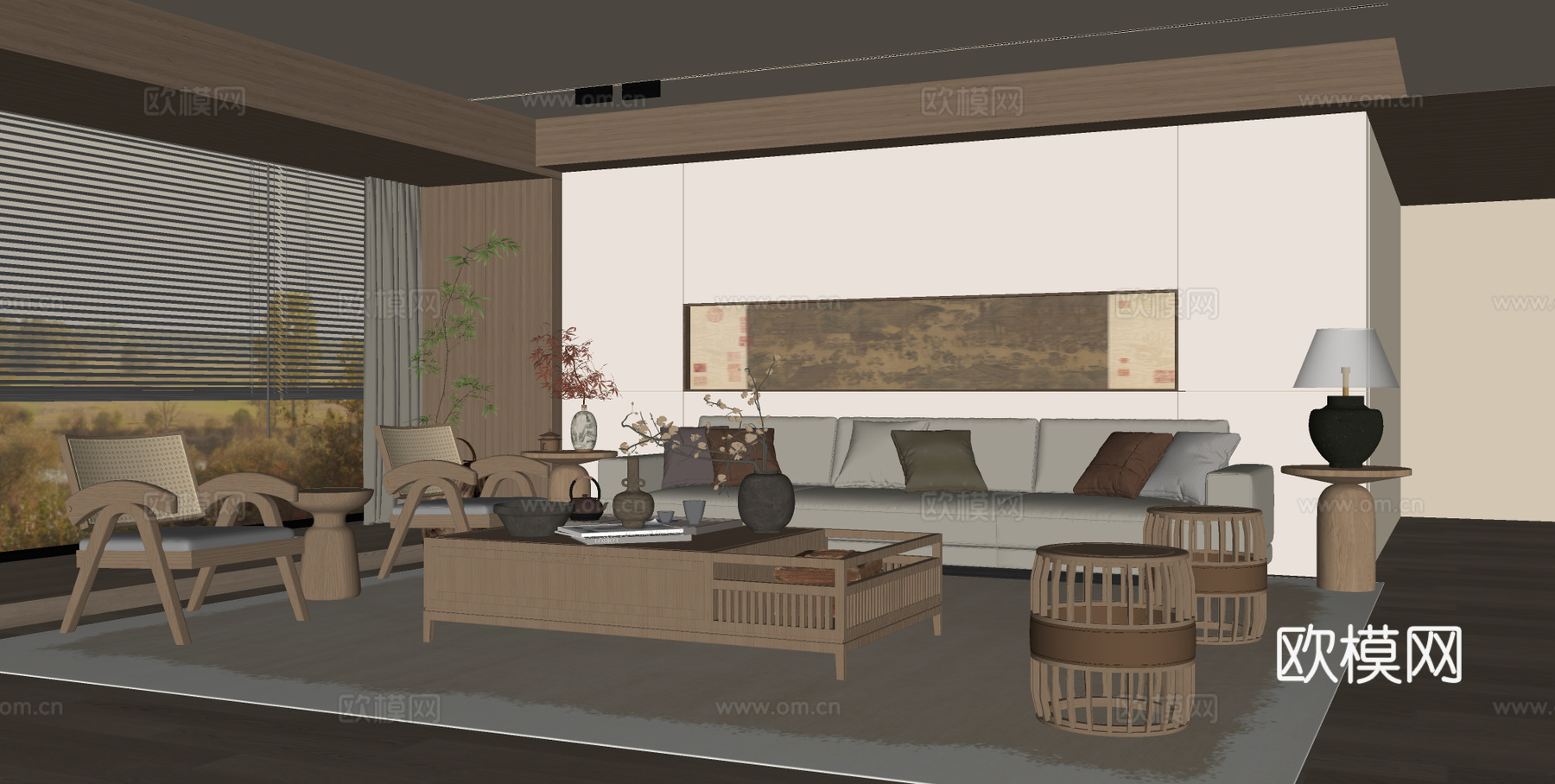 宋式美学客厅 沙发背景 装饰屏风 沙发茶几组合su模型