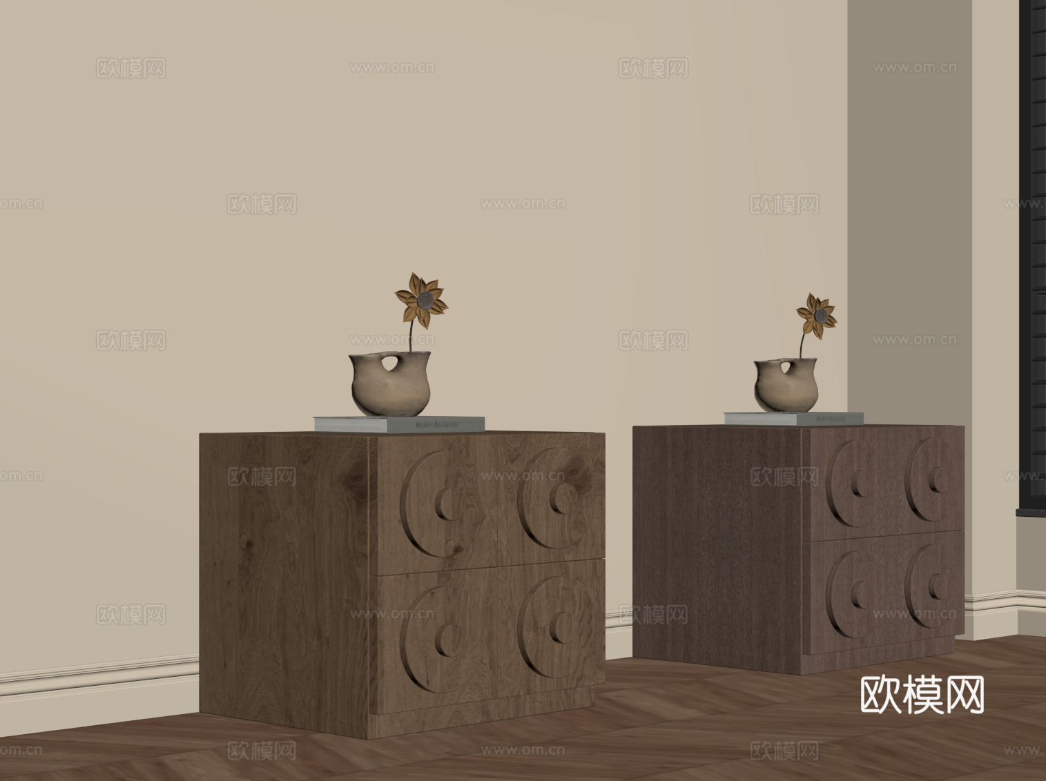 中古风床头柜 实木床头柜su模型