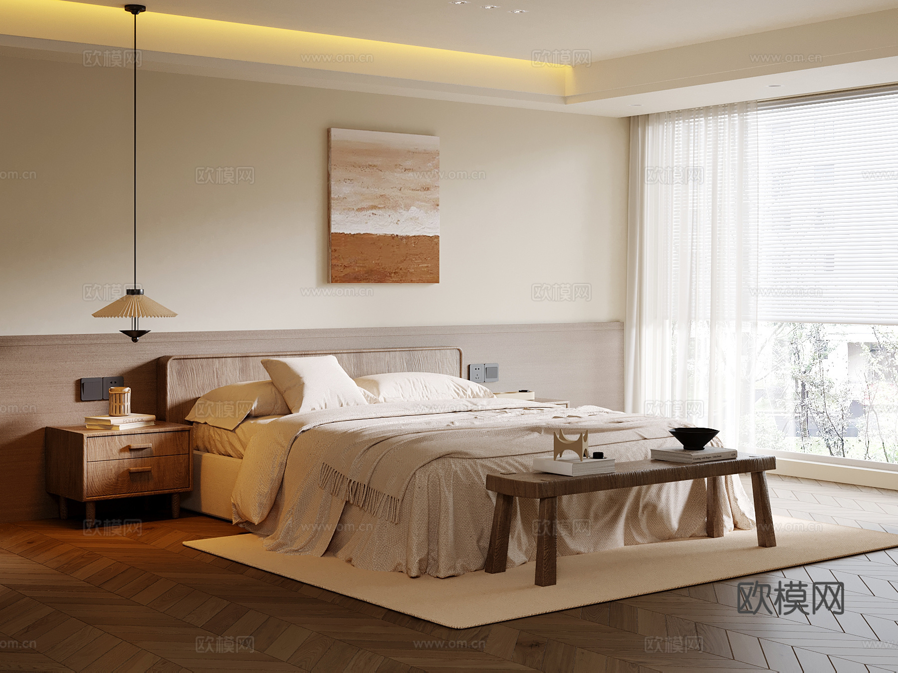 中古风卧室 双人床 床头柜su模型
