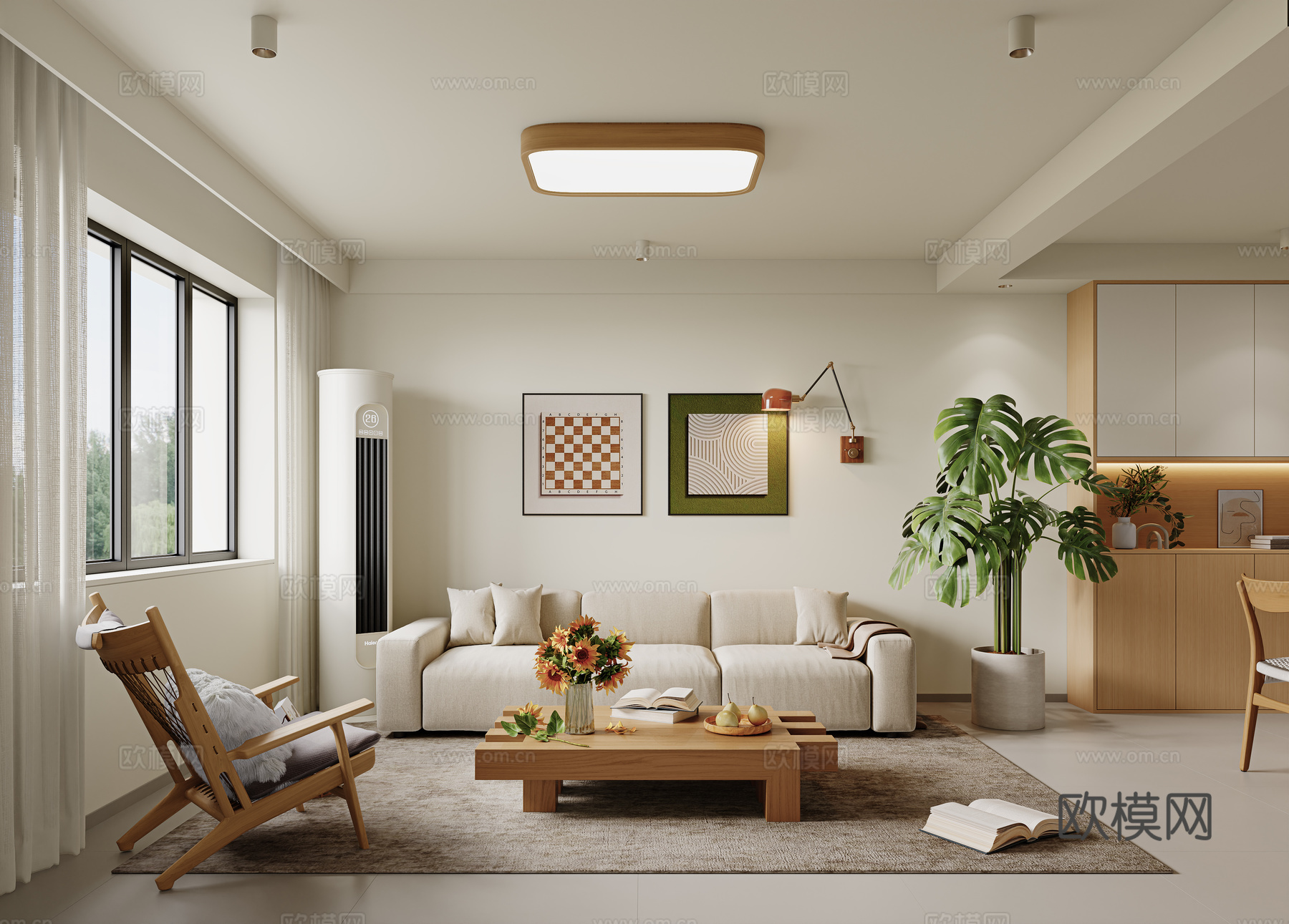 现代原木风客厅 沙发茶几组合 布艺多人沙发 原木茶几 休闲椅su模型