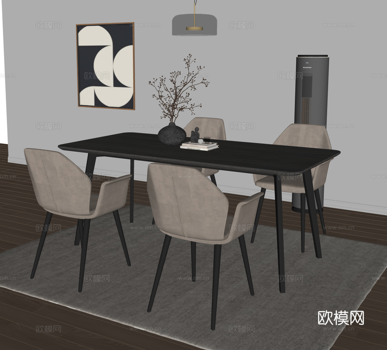 现代简约餐桌椅 空调 吊灯 餐椅 餐桌su模型