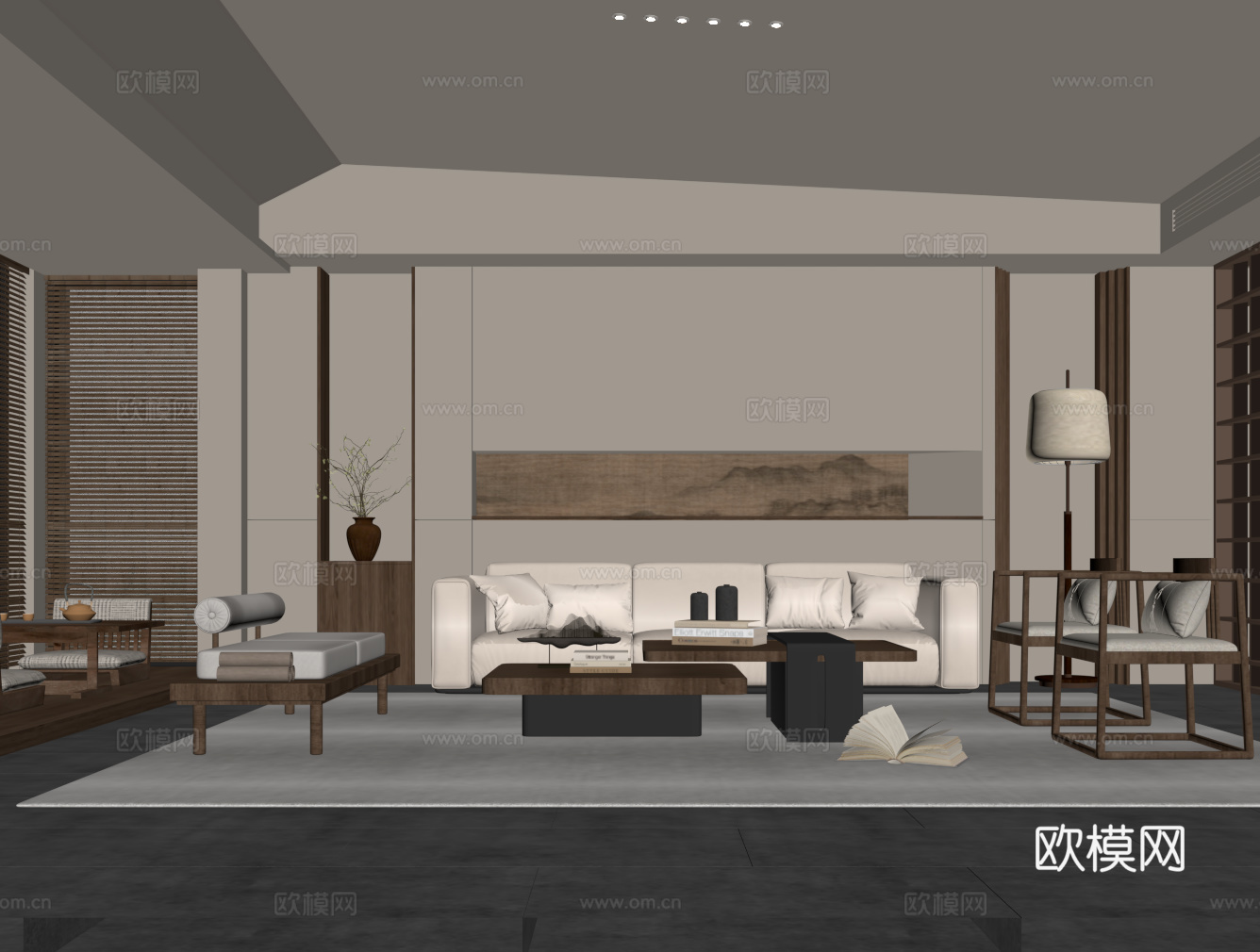 新中式客厅 沙发茶几组合 背景墙su模型