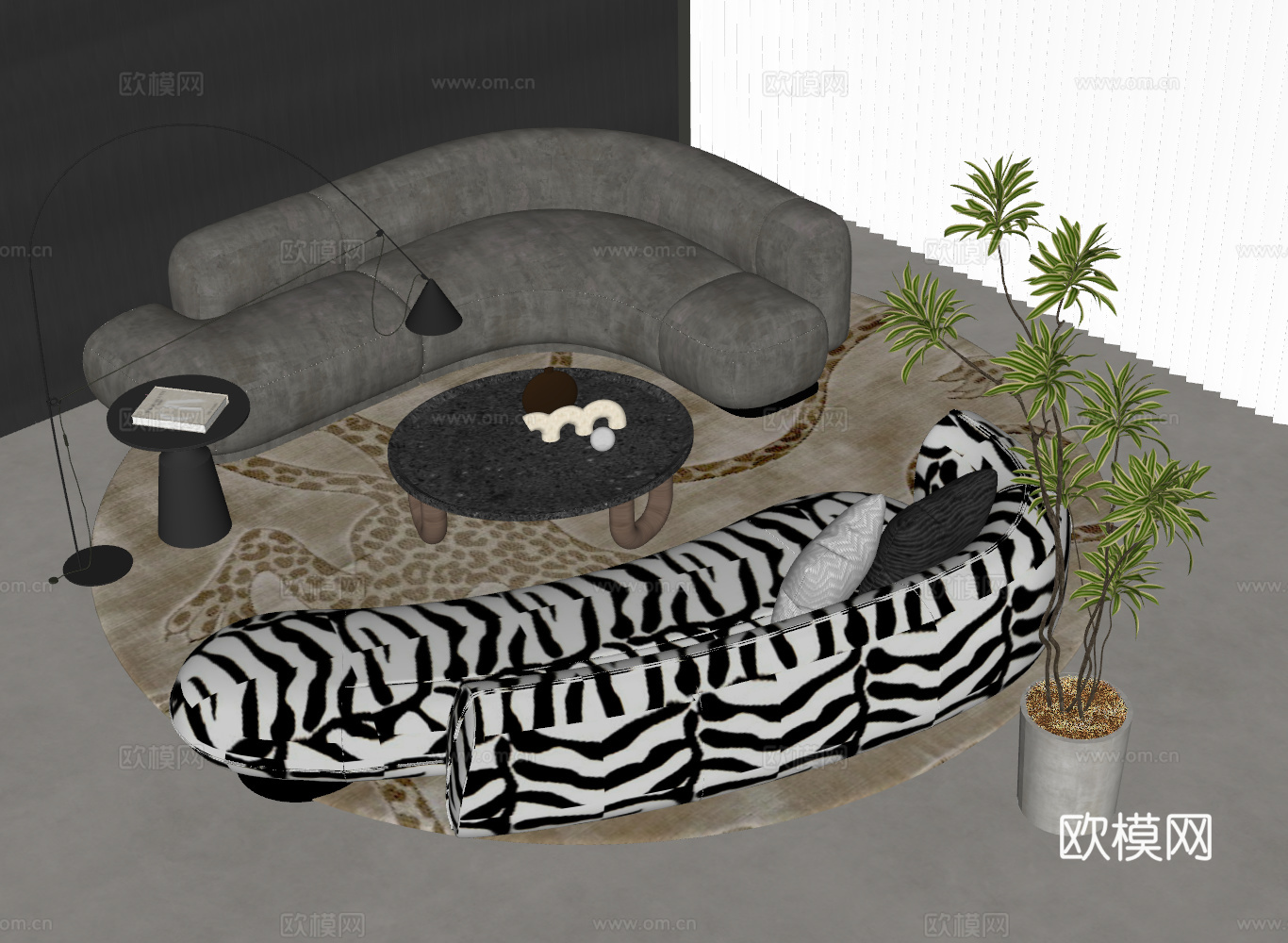 现代 弧形沙发茶几组合 意式沙发茶几组合 弧形沙发 双人沙发su模型