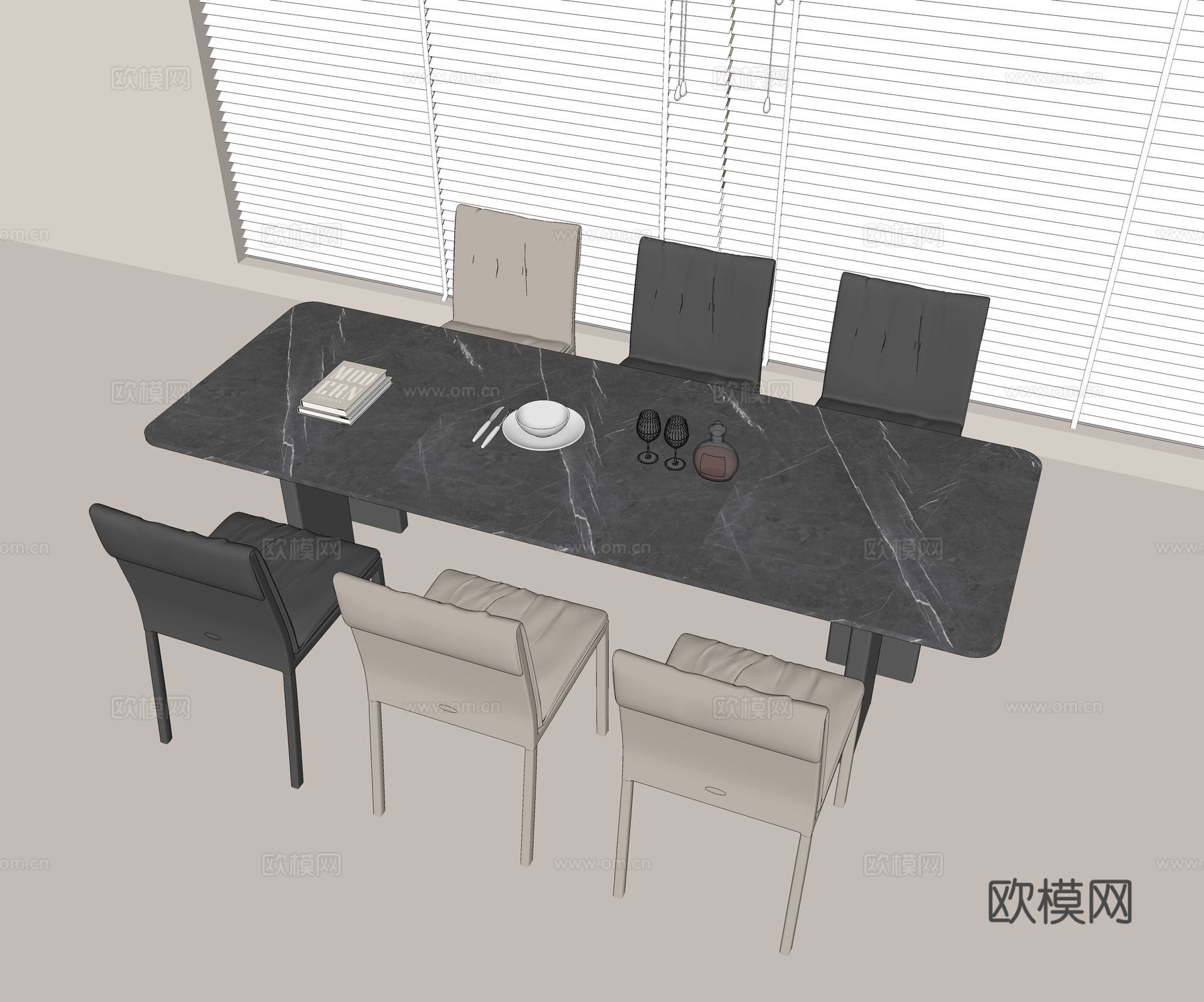 现代餐桌椅组合 大理石餐桌 皮质餐椅 休闲餐椅 餐具su模型