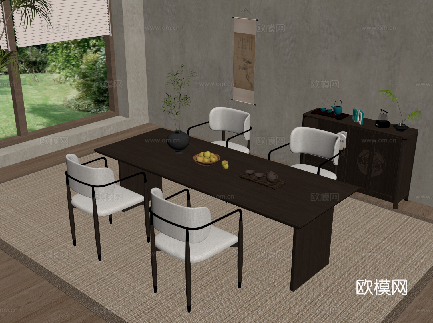 新中式餐桌椅su模型