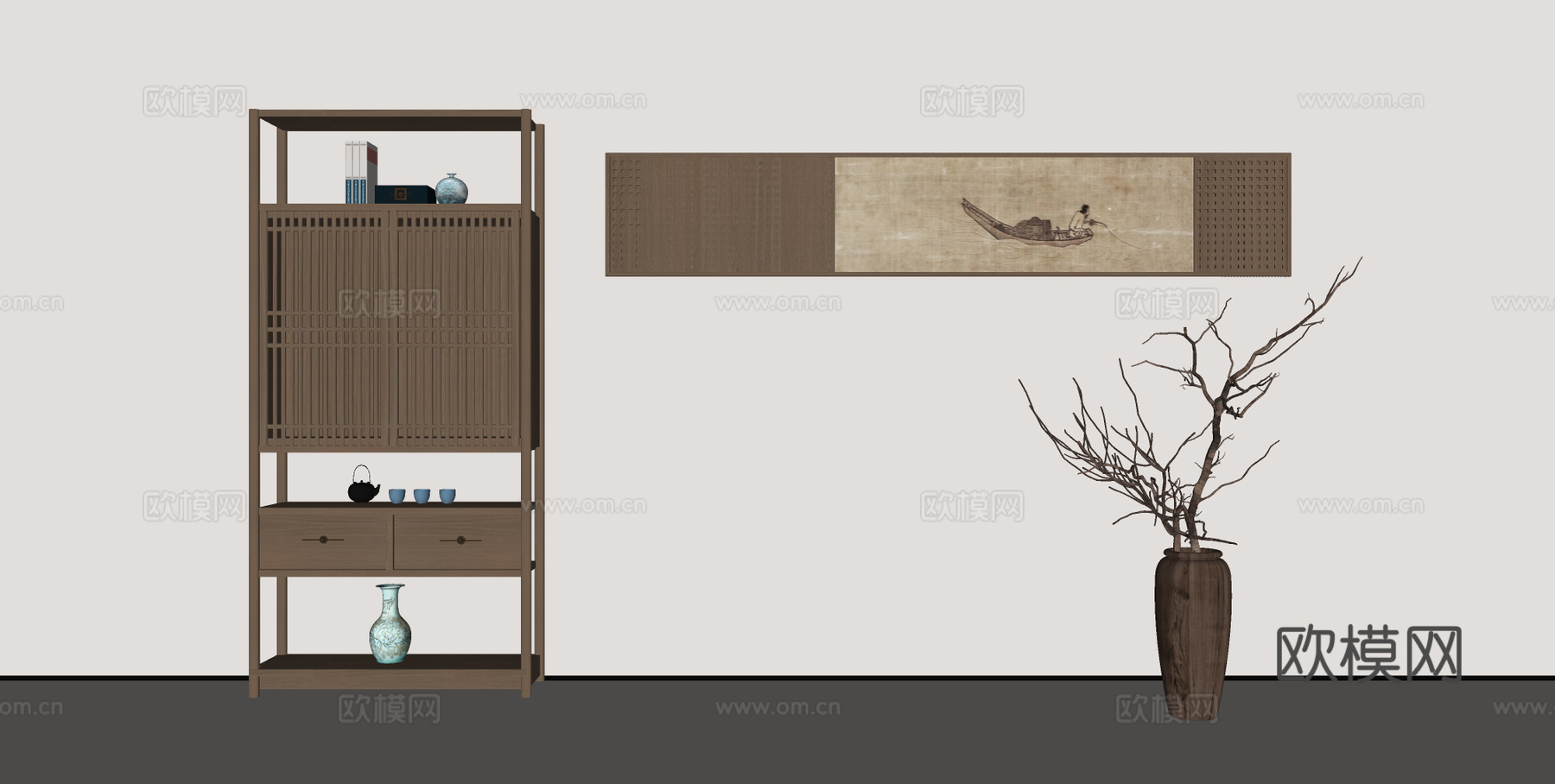 新中式博古架 装饰画 绿植摆件 干枝盆景su模型