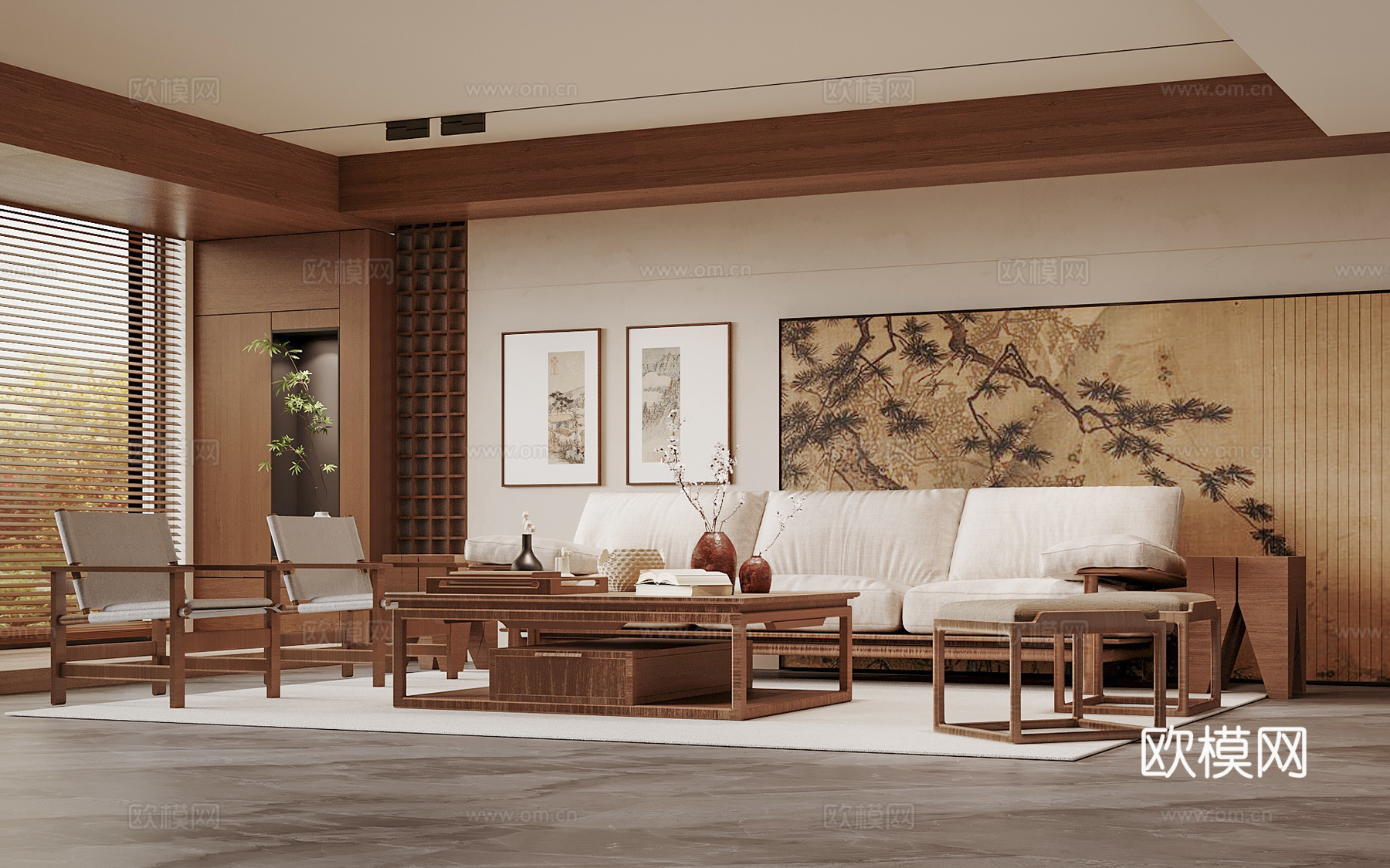 宋式美学客厅 沙发背景 装饰屏风 沙发茶几组合su模型