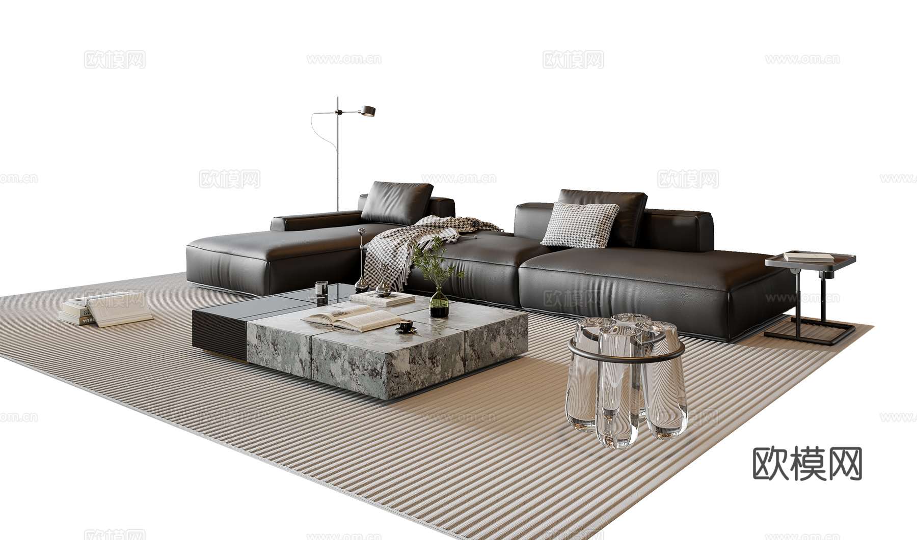 现代意式沙发茶几组合 转角沙发 皮质沙发 休闲椅 地毯3d模型下载
