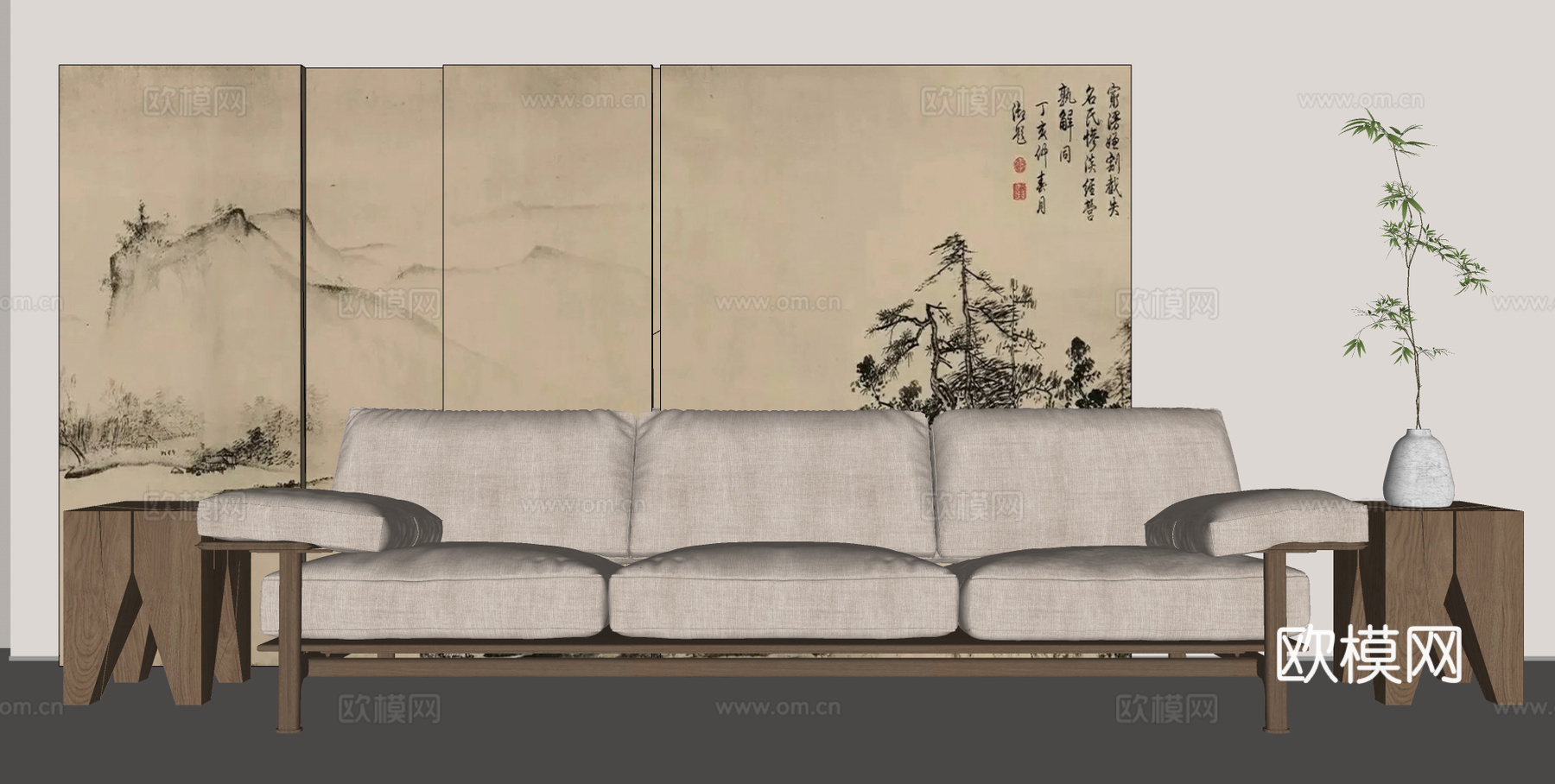 宋式三人沙发 多人沙发 边几 屏风背景su模型