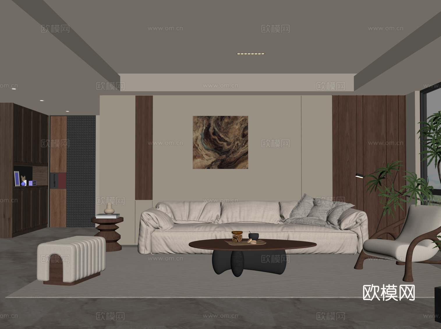 中古风客厅 沙发茶几组合 背景墙su模型