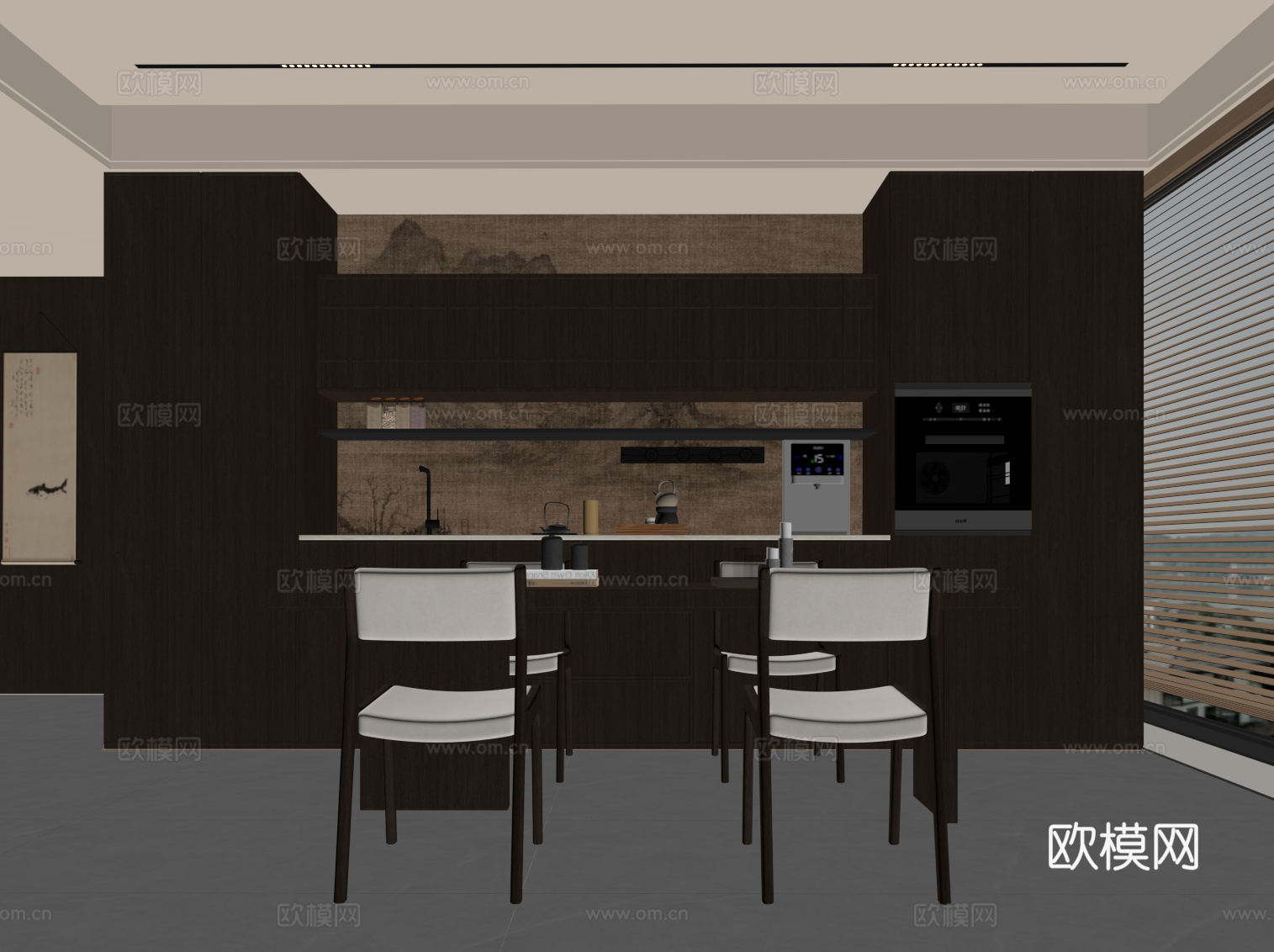 新中式餐厅 餐桌椅 餐边柜 橱柜su模型