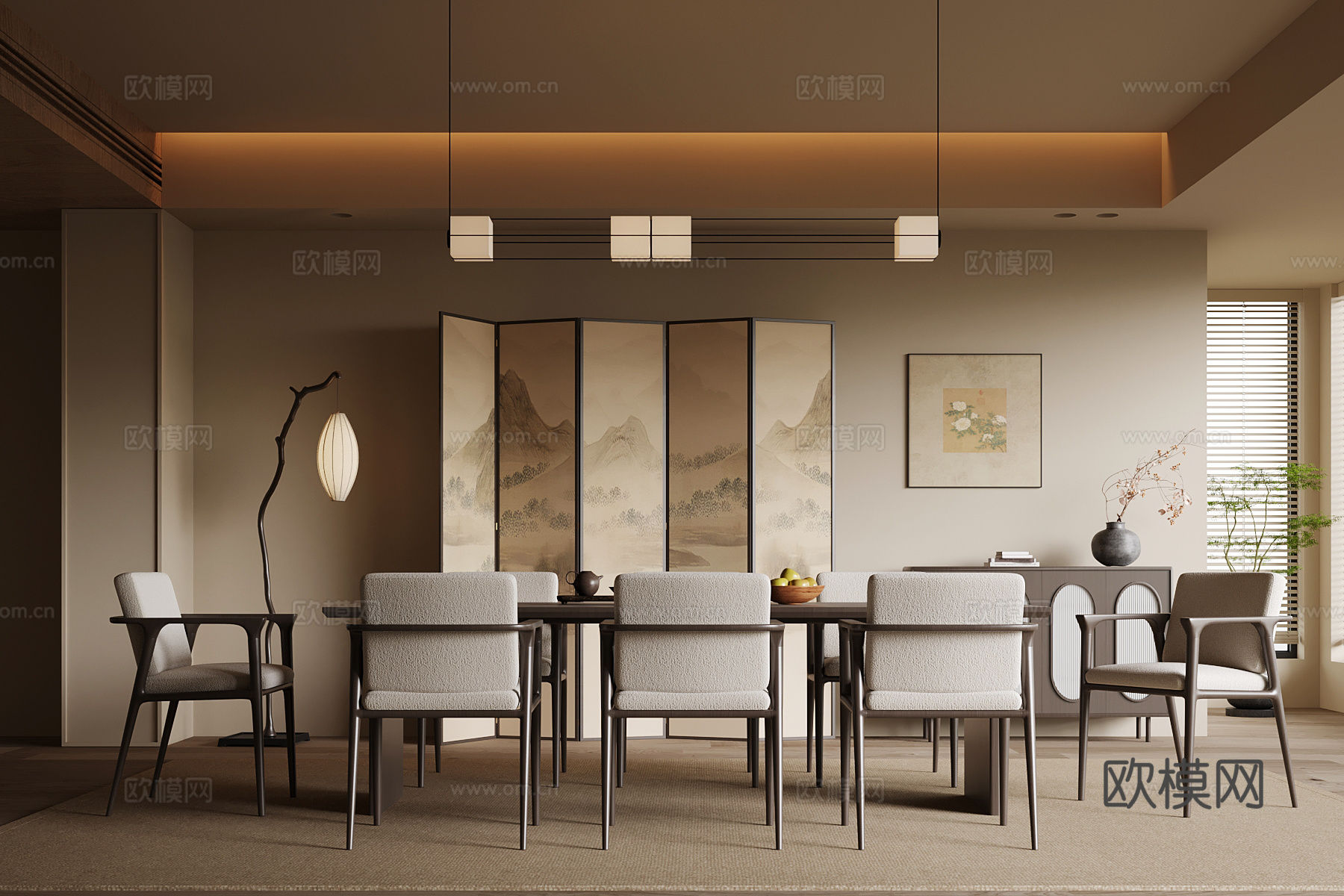 新中式餐厅 餐桌椅 餐边柜su模型