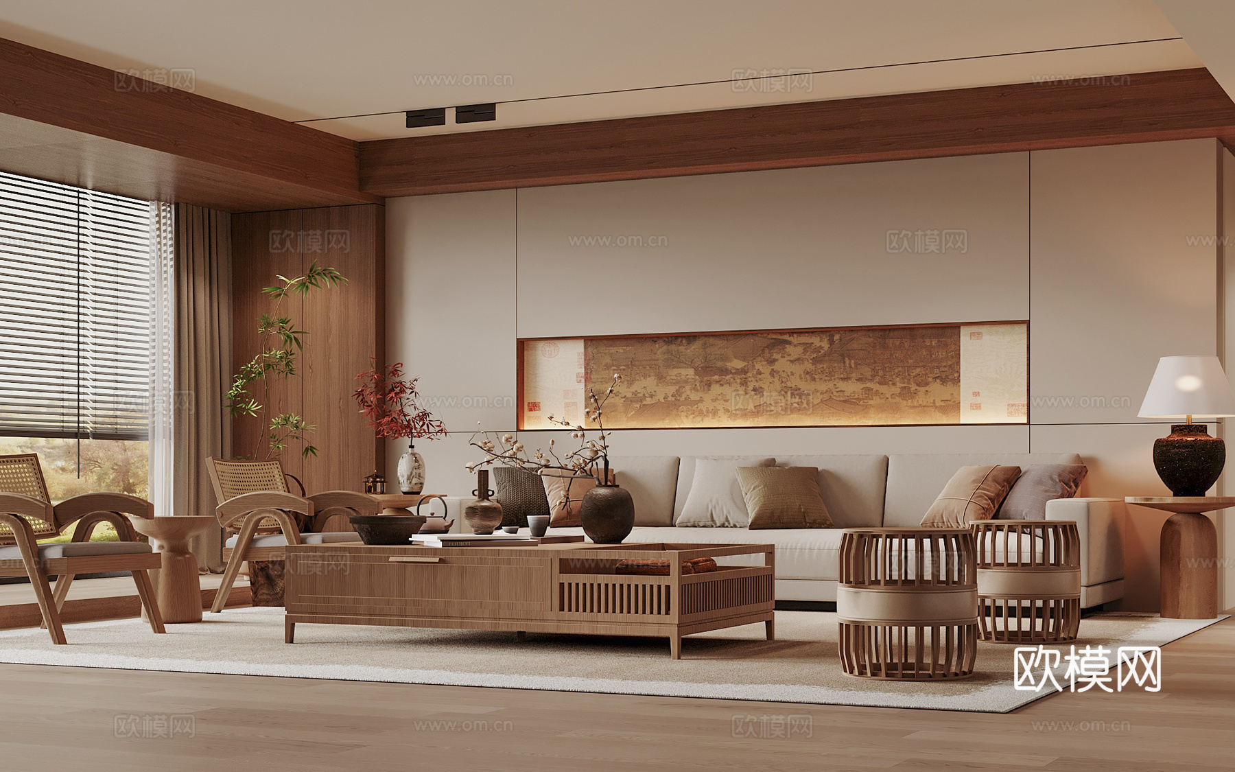 宋式美学客厅 沙发背景 装饰屏风 沙发茶几组合3d模型下载