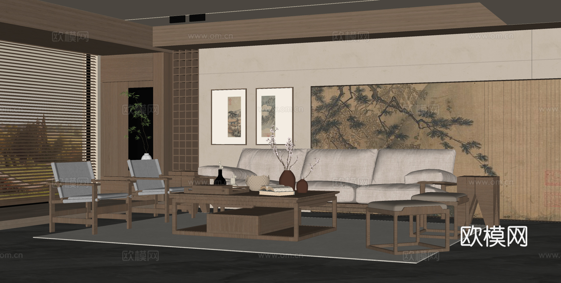 宋式美学客厅 沙发背景 装饰屏风 沙发茶几组合su模型