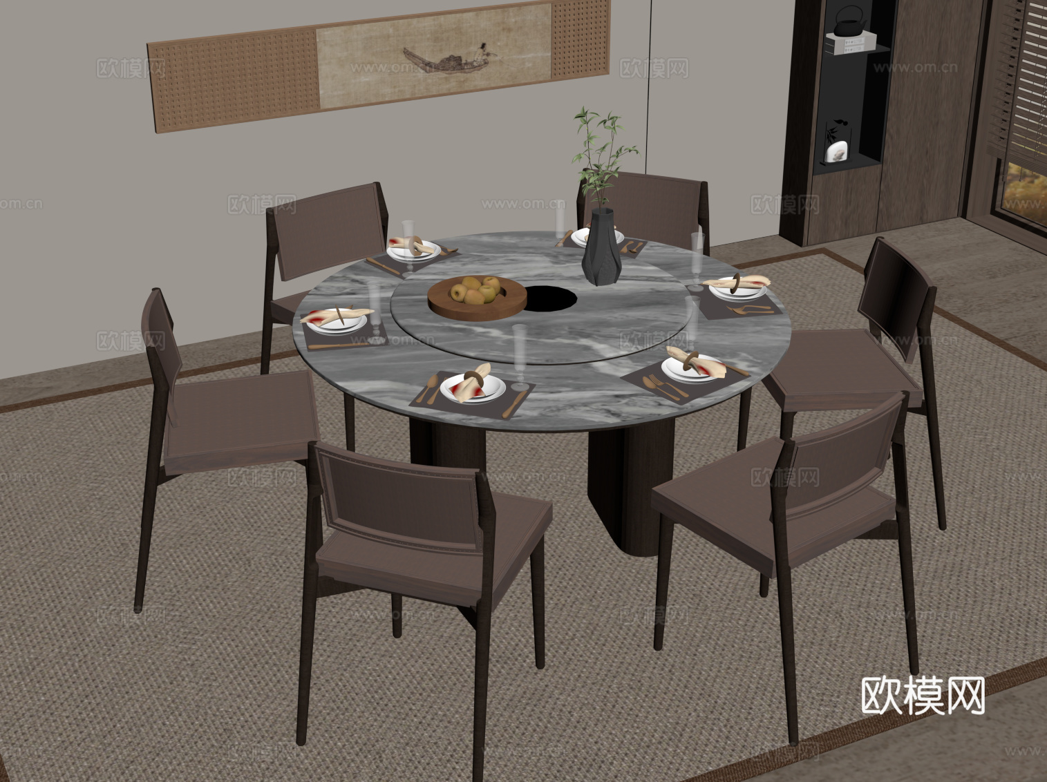 新中式餐桌椅 圆桌su模型