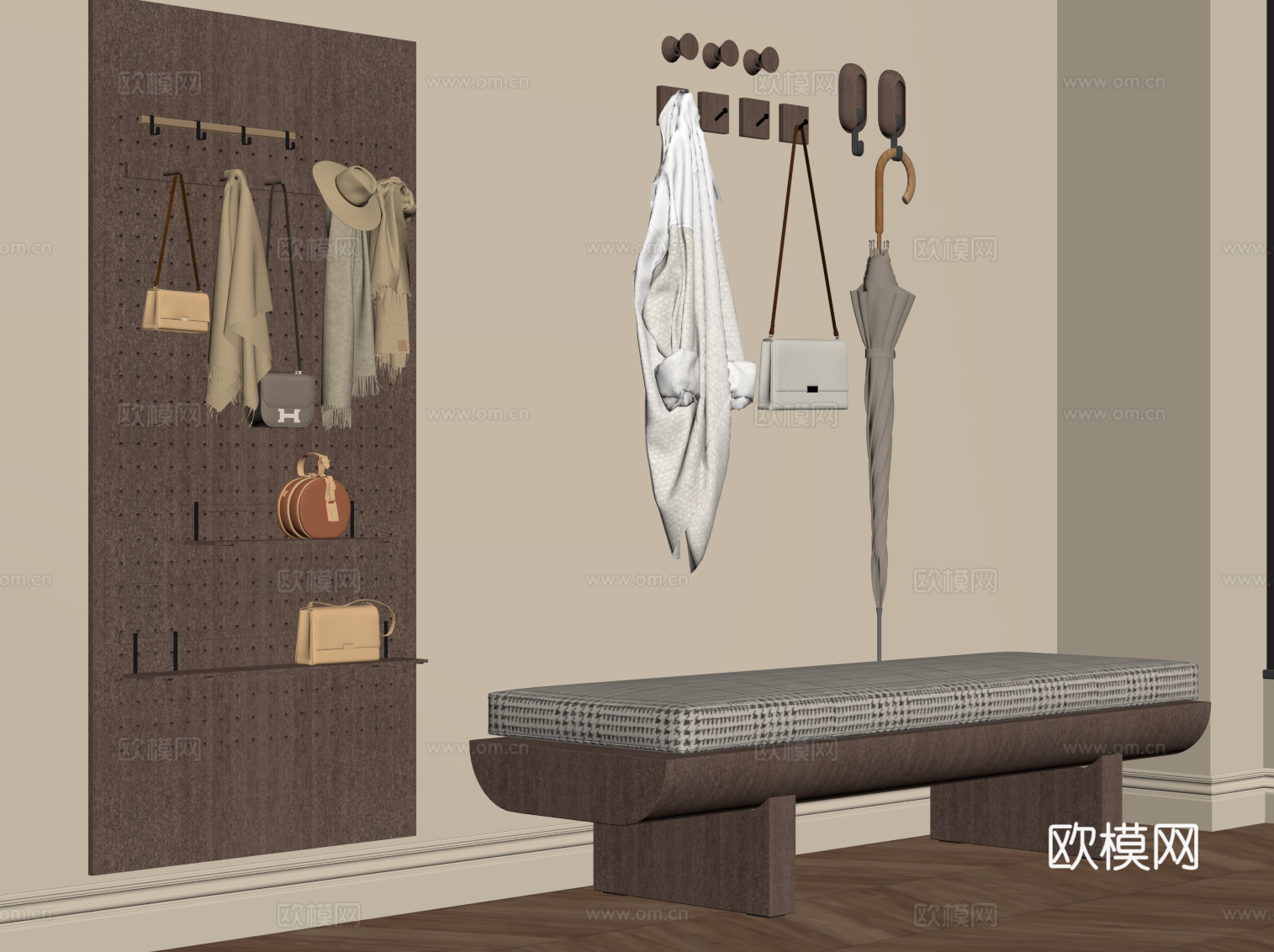 现代中古风换鞋凳 挂钩 洞洞板su模型