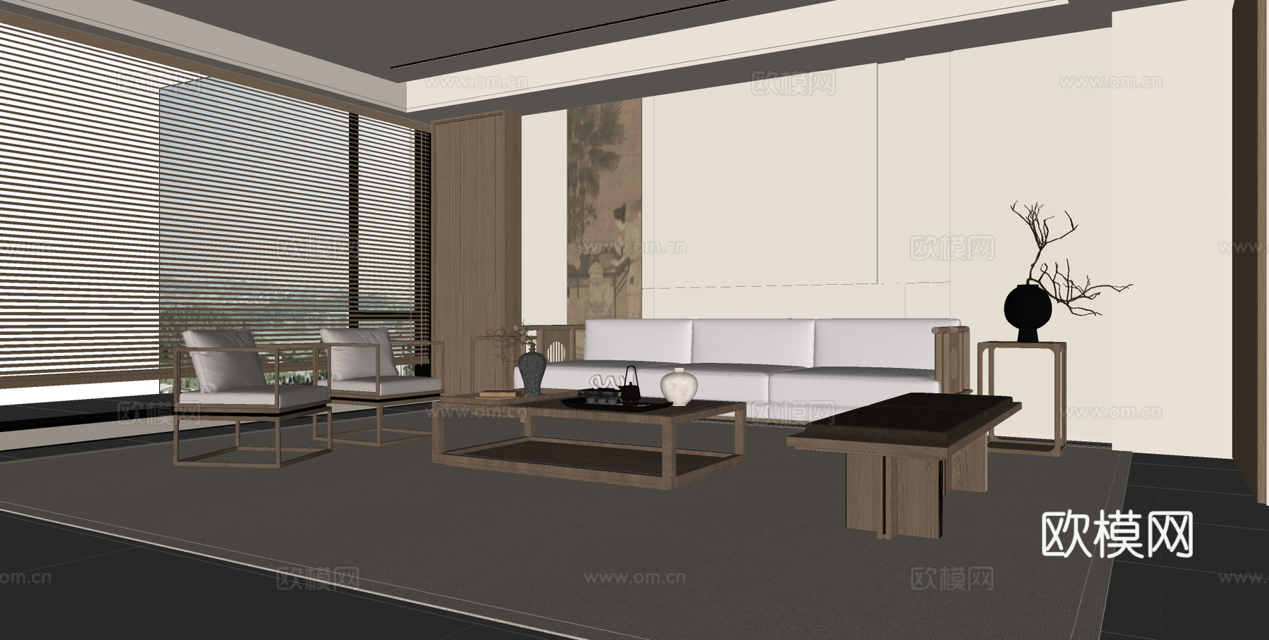宋式美学客厅 沙发背景 装饰屏风 沙发茶几组合su模型