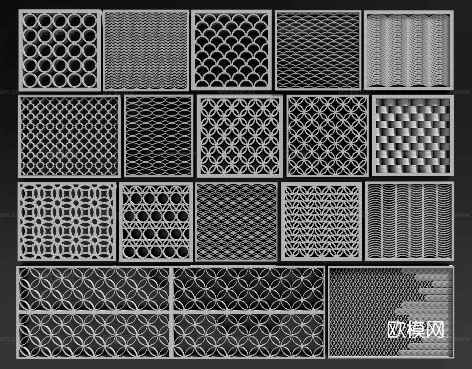 新中式瓦片景墙 瓦片拼花 传统青瓦景墙 屋檐瓦砾 瓦片隔断su模型