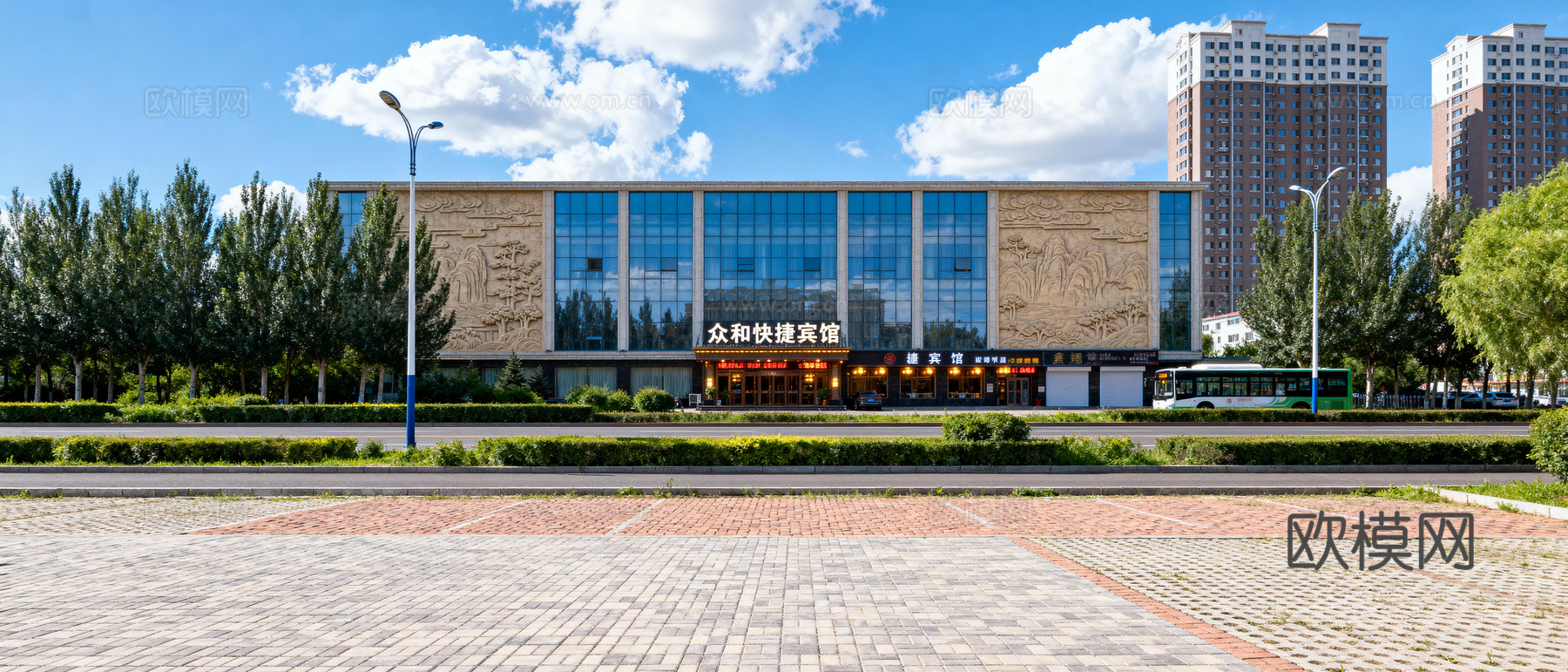 现代城区街景 日景 店面房