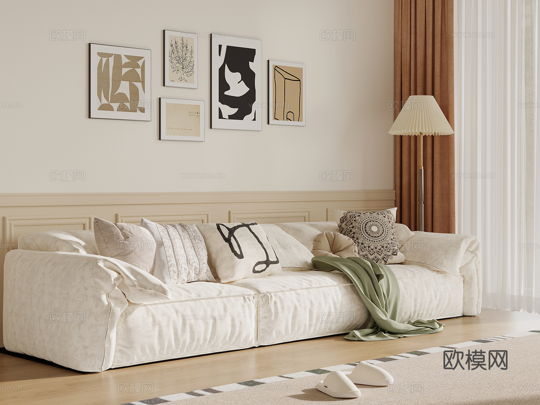 法式奶油风多人沙发 直排沙发su模型