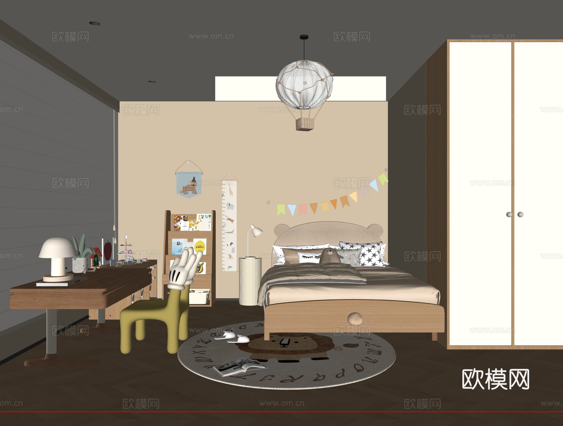 现代儿童房 通用儿童房 实木儿童床 成品书桌椅 升降书桌 书su模型