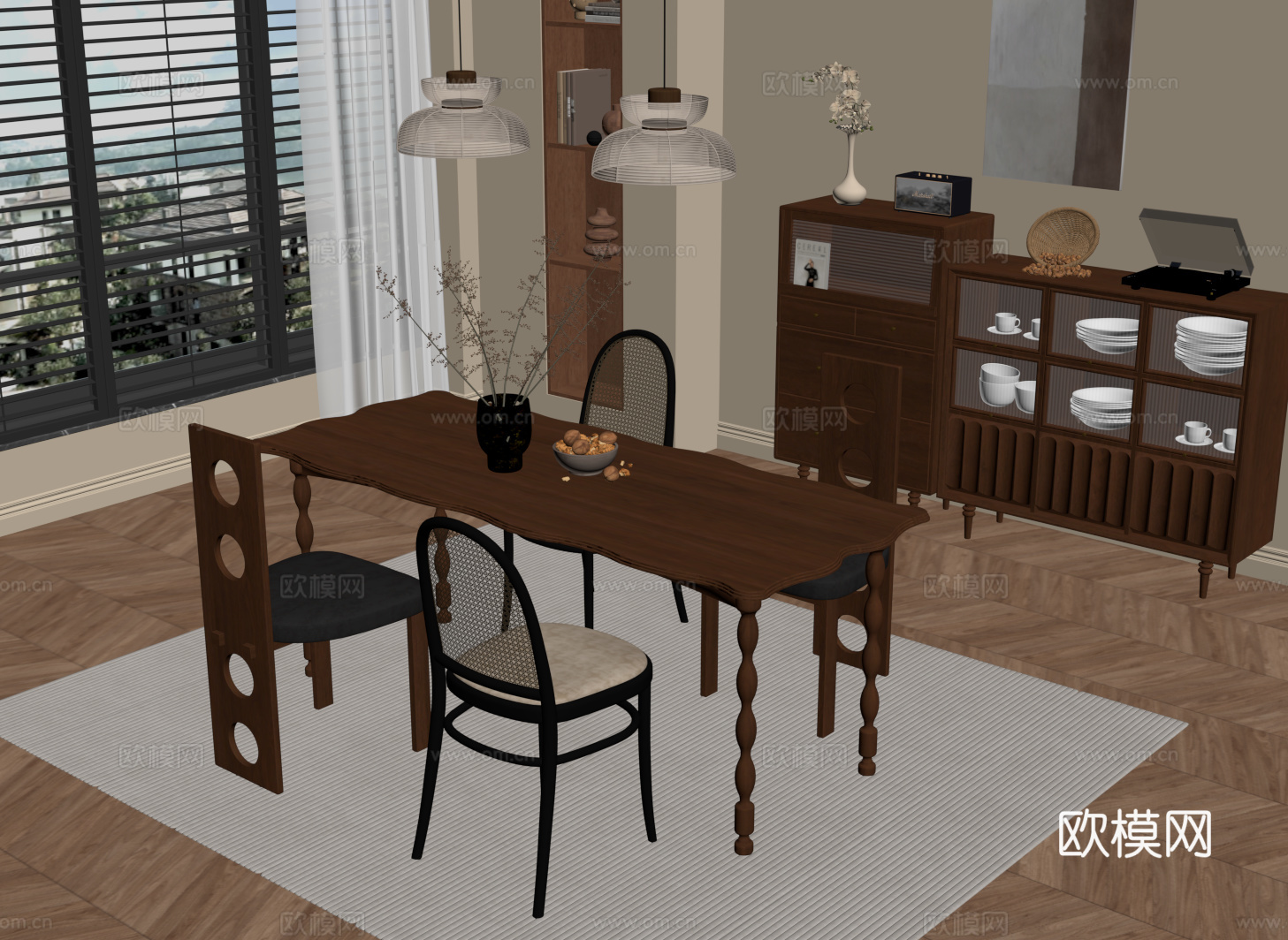 法式中古风餐厅 餐桌椅 餐边柜su模型