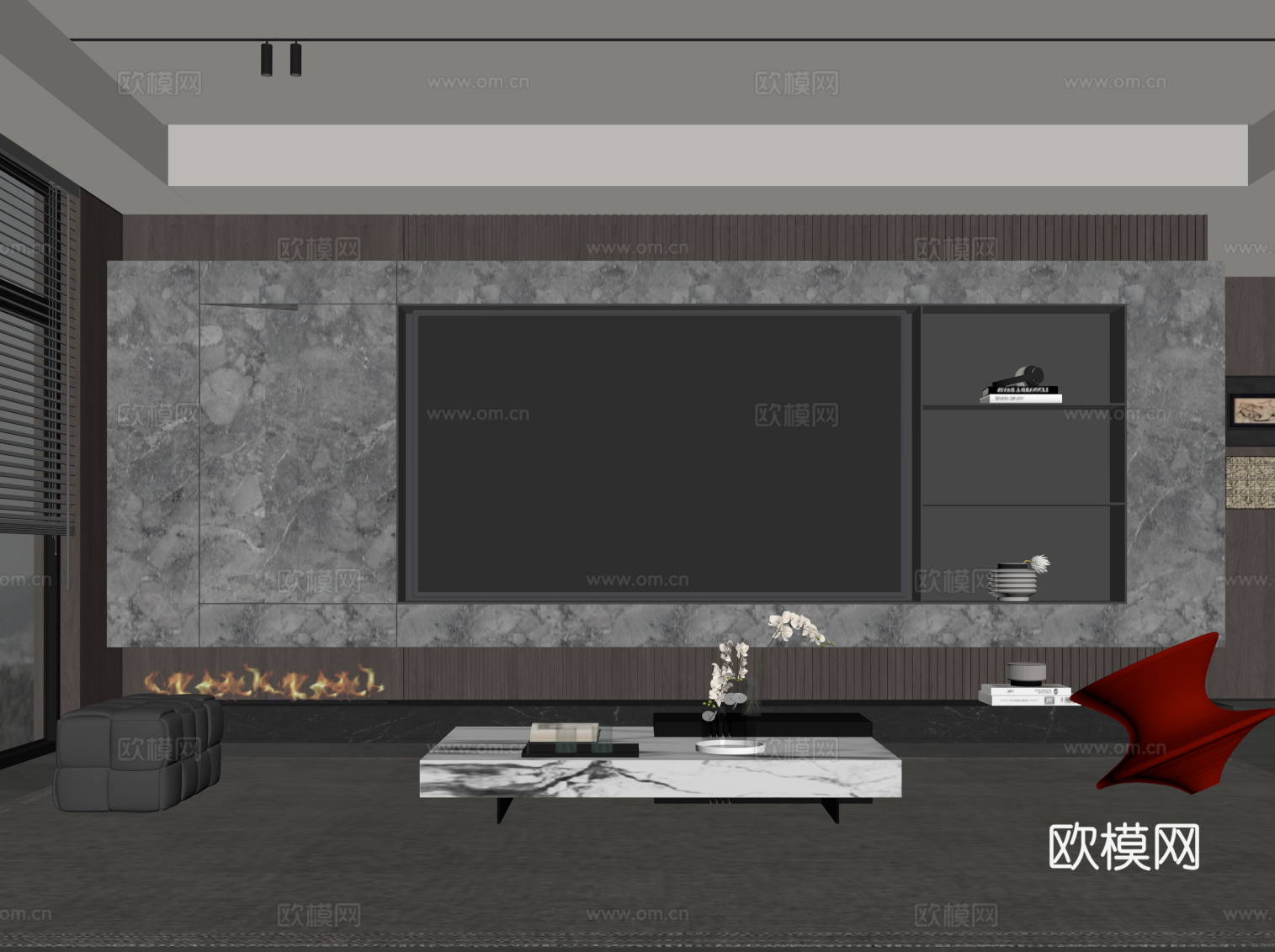 现代意式客厅 电视背景墙 沙发茶几组合su模型