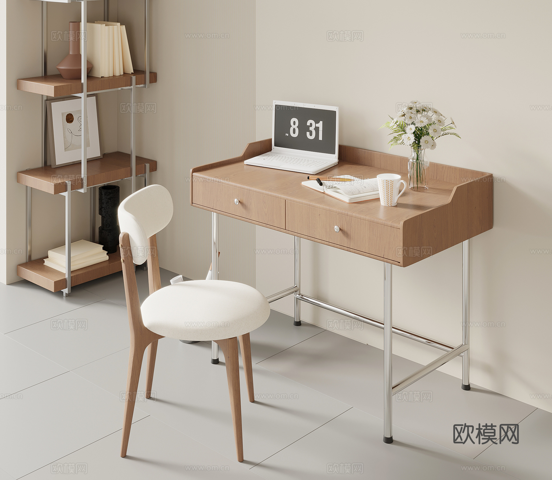 现代中古风书桌椅3d模型