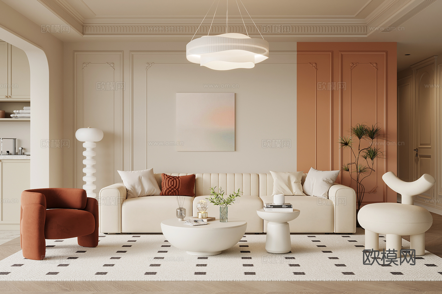 现代奶油风客厅 沙发背景墙 沙发茶几组合su模型