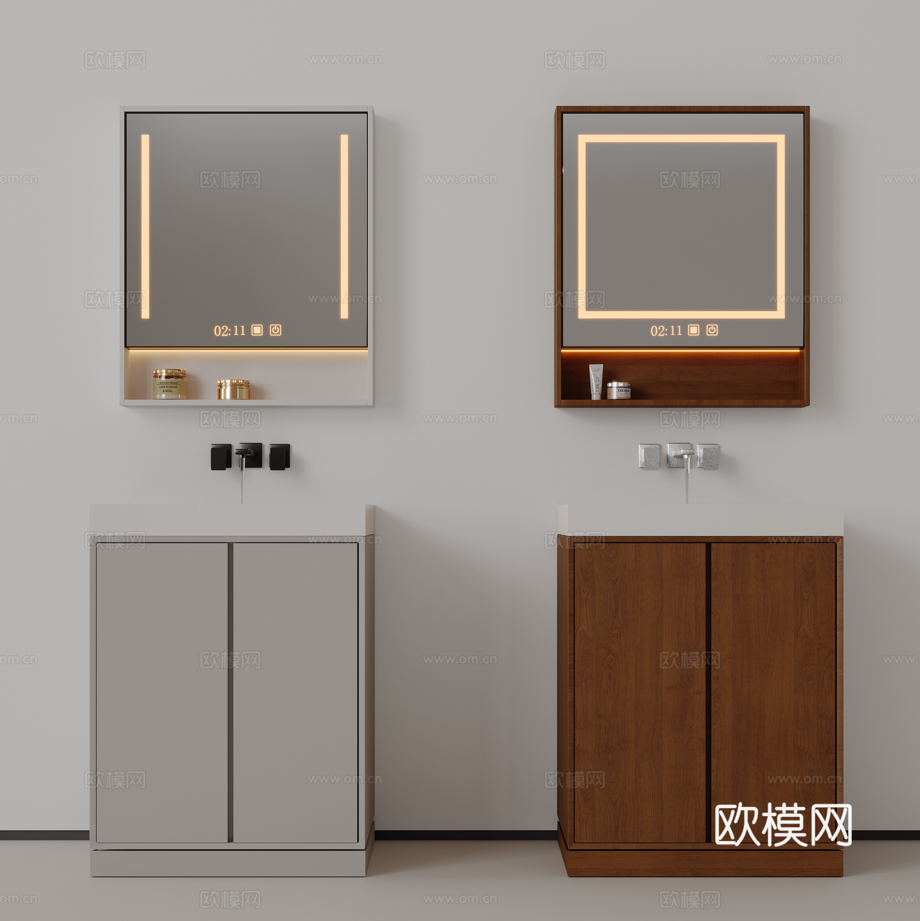 现代极简洗手台 中古浴室柜 台盆柜 装饰品摆件 镜子 水龙头su模型