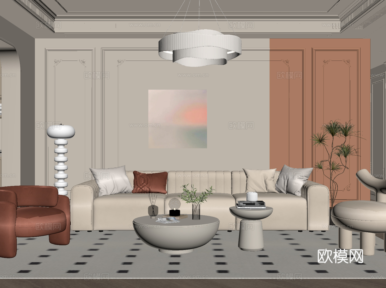 现代奶油风客厅 沙发背景墙 沙发茶几组合su模型