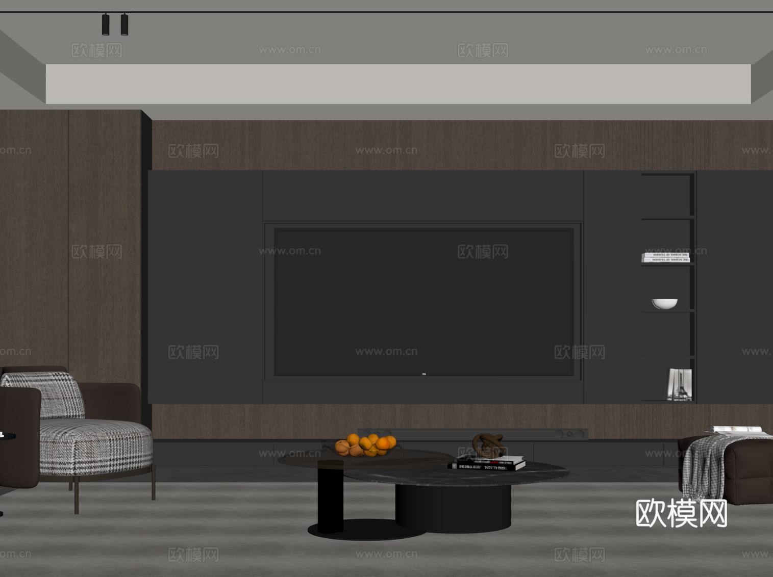 现代意式客厅 电视背景墙 电视柜 沙发茶几组合su模型