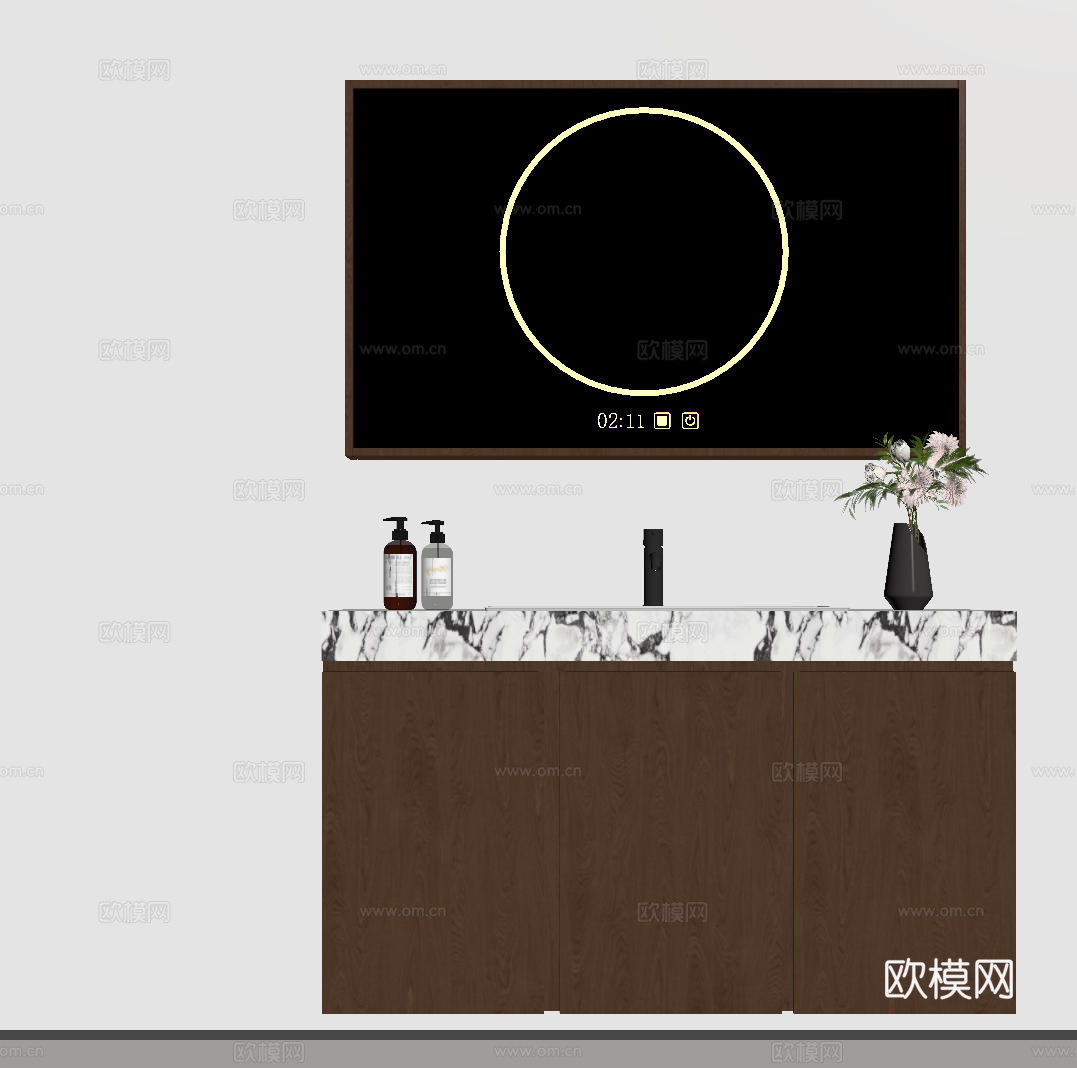 现代极简洗手台 中古浴室柜 台盆柜 装饰品摆件 镜子 水龙头su模型