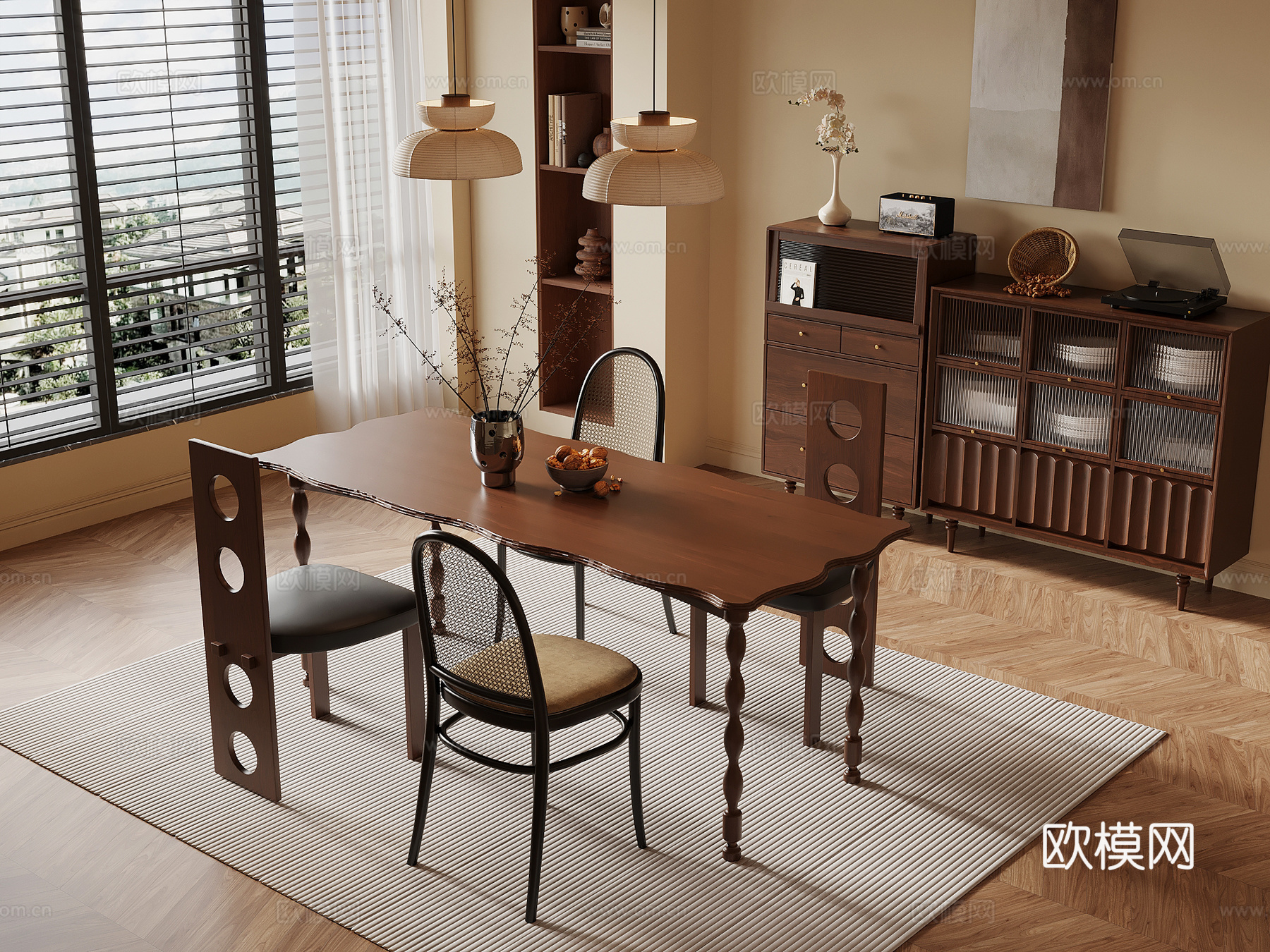 法式中古风餐厅 餐桌椅 餐边柜su模型