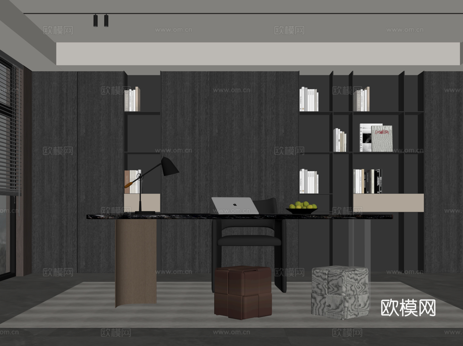 现代意式书房 书柜 书桌椅 办公桌椅su模型